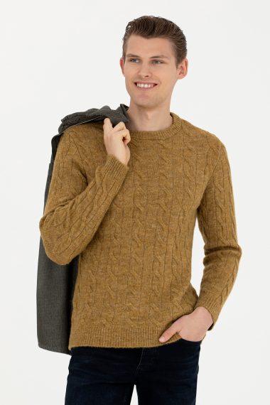 بافت یقه گرد خاکی روشن  رگولار آستین بلند مردانه یو اس پولو | US POLO ASSN