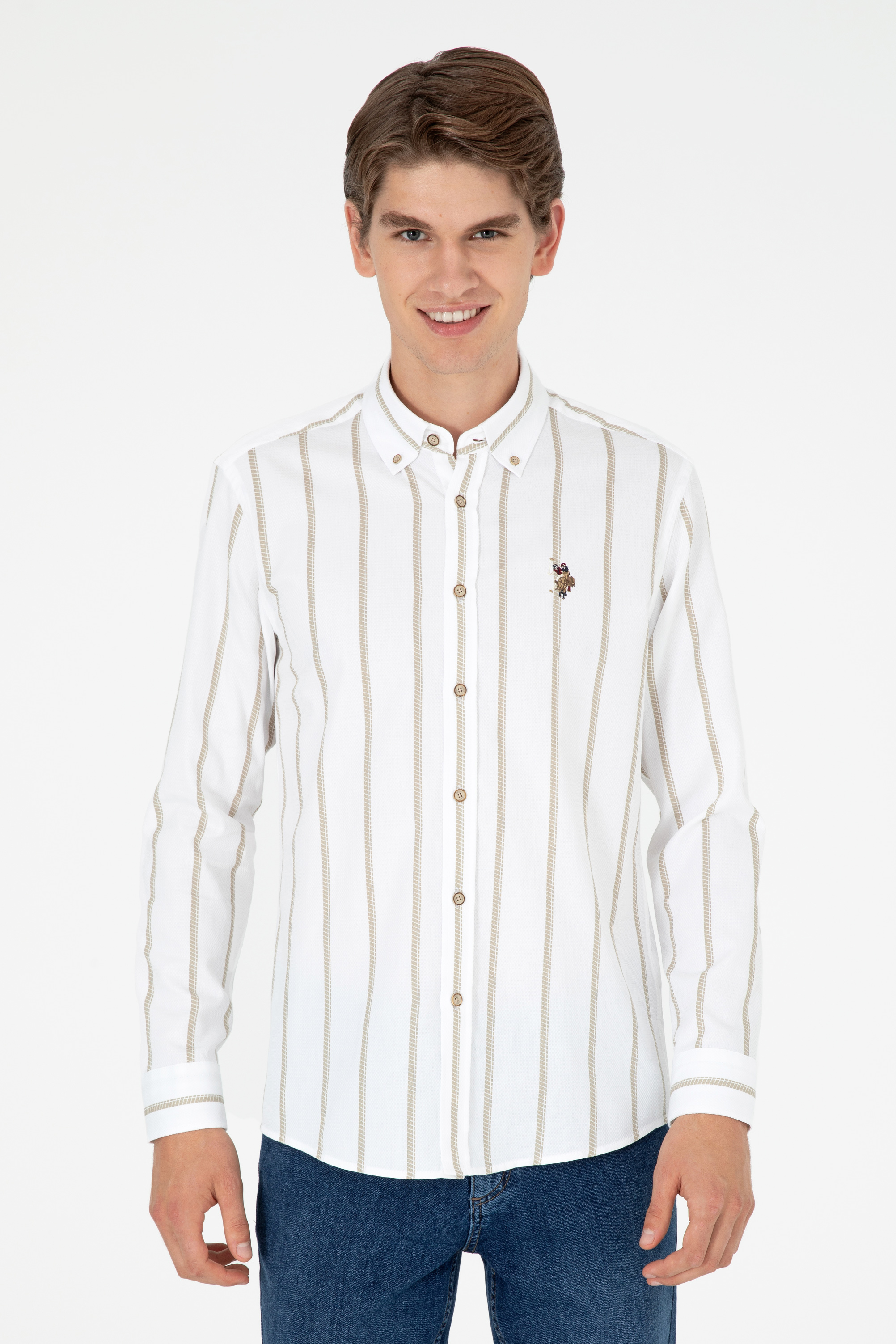 پیراهن خاکی روشن اندامی مردانه یو اس پولو | US POLO ASSN