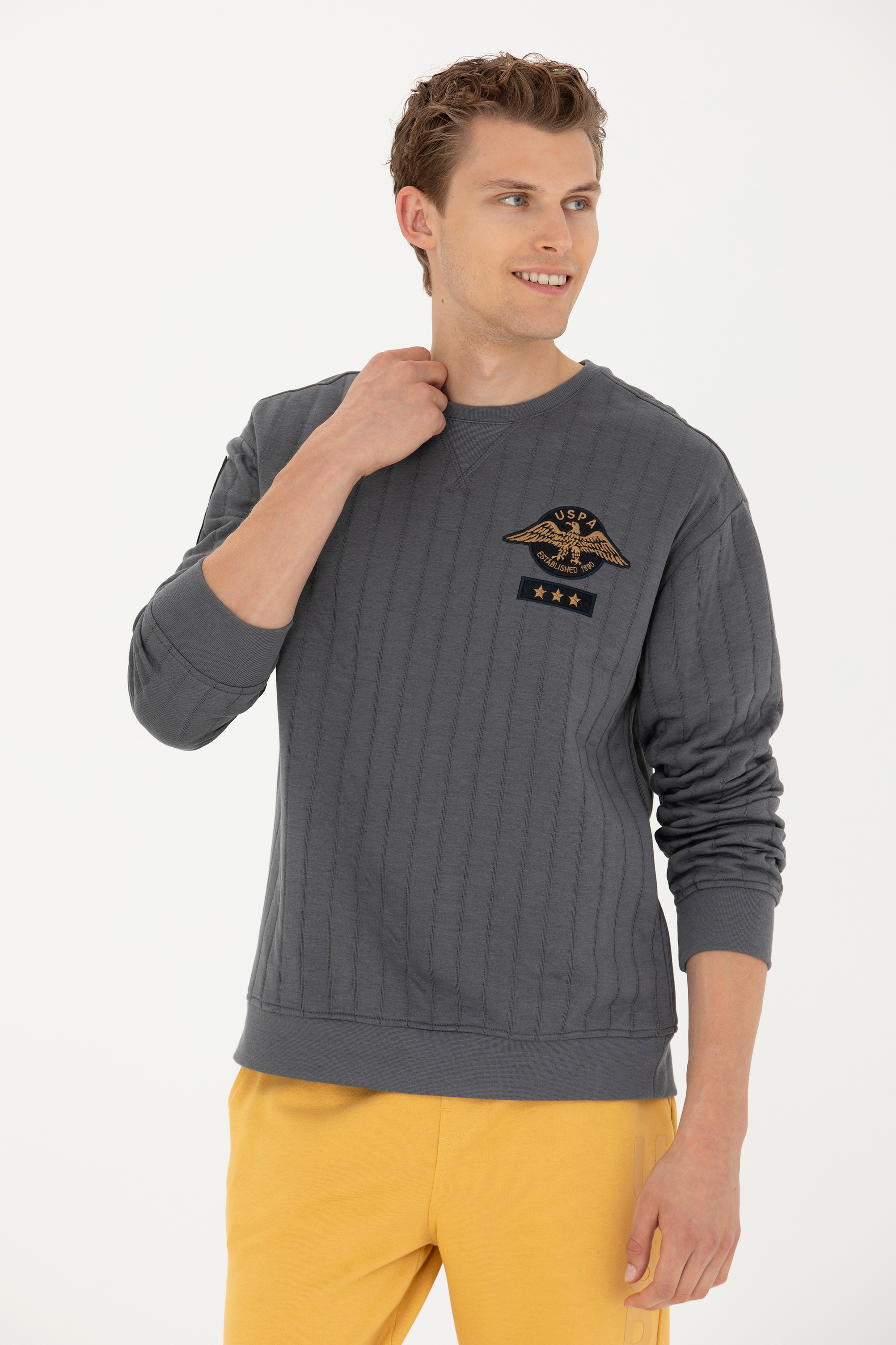 سویشرت یقه گرد زغالی ریلکس آستین بلند مردانه یو اس پولو | US POLO ASSN