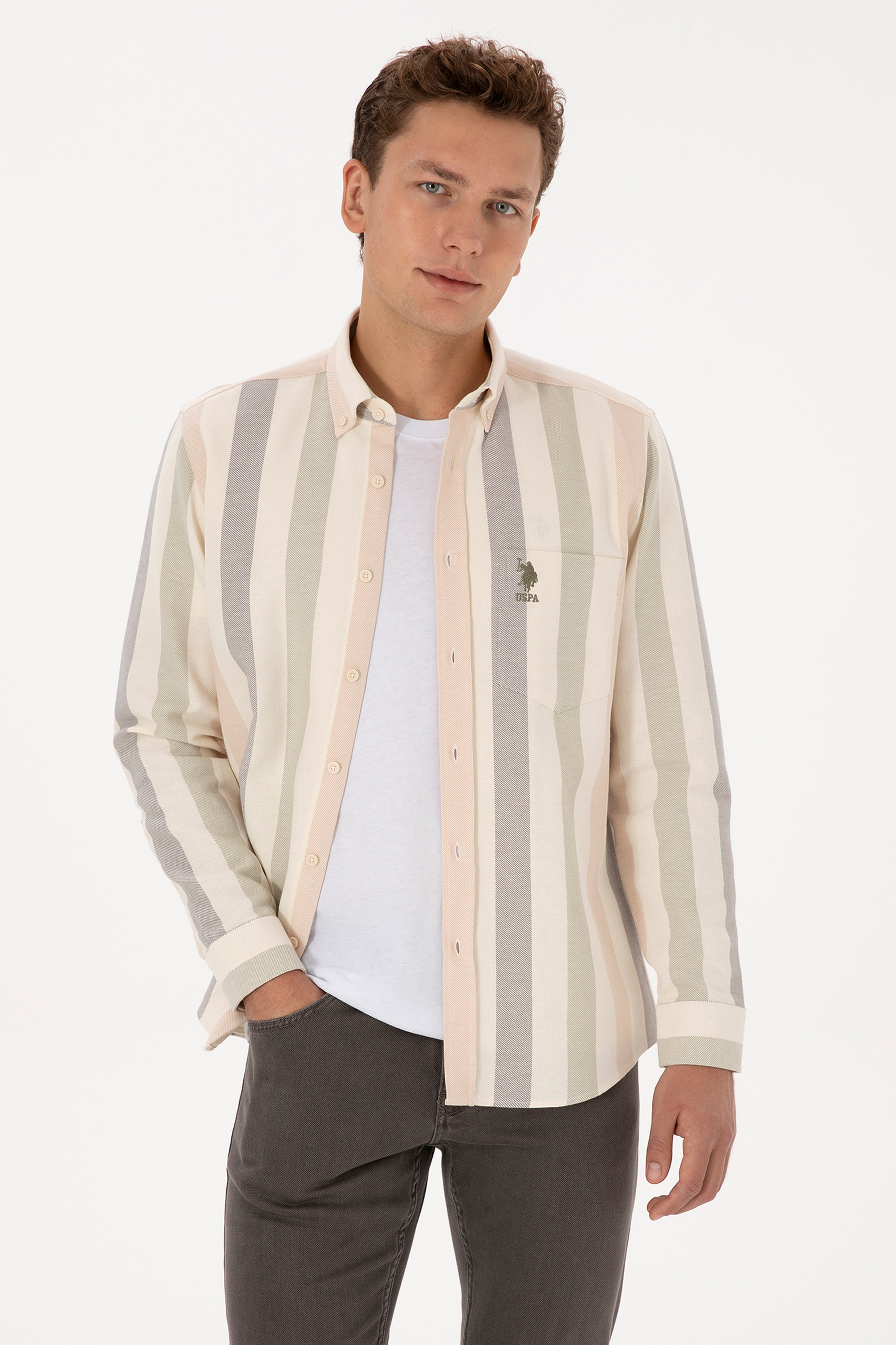 پیراهن خاکی روشن رگولار مردانه یو اس پولو | US POLO ASSN