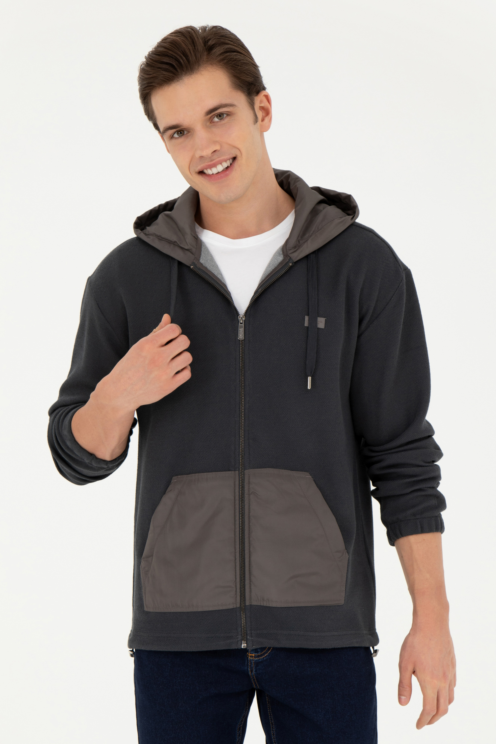 ژاکت هودی زغالی ریلکس آستین بلند مردانه یو اس پولو | US POLO ASSN