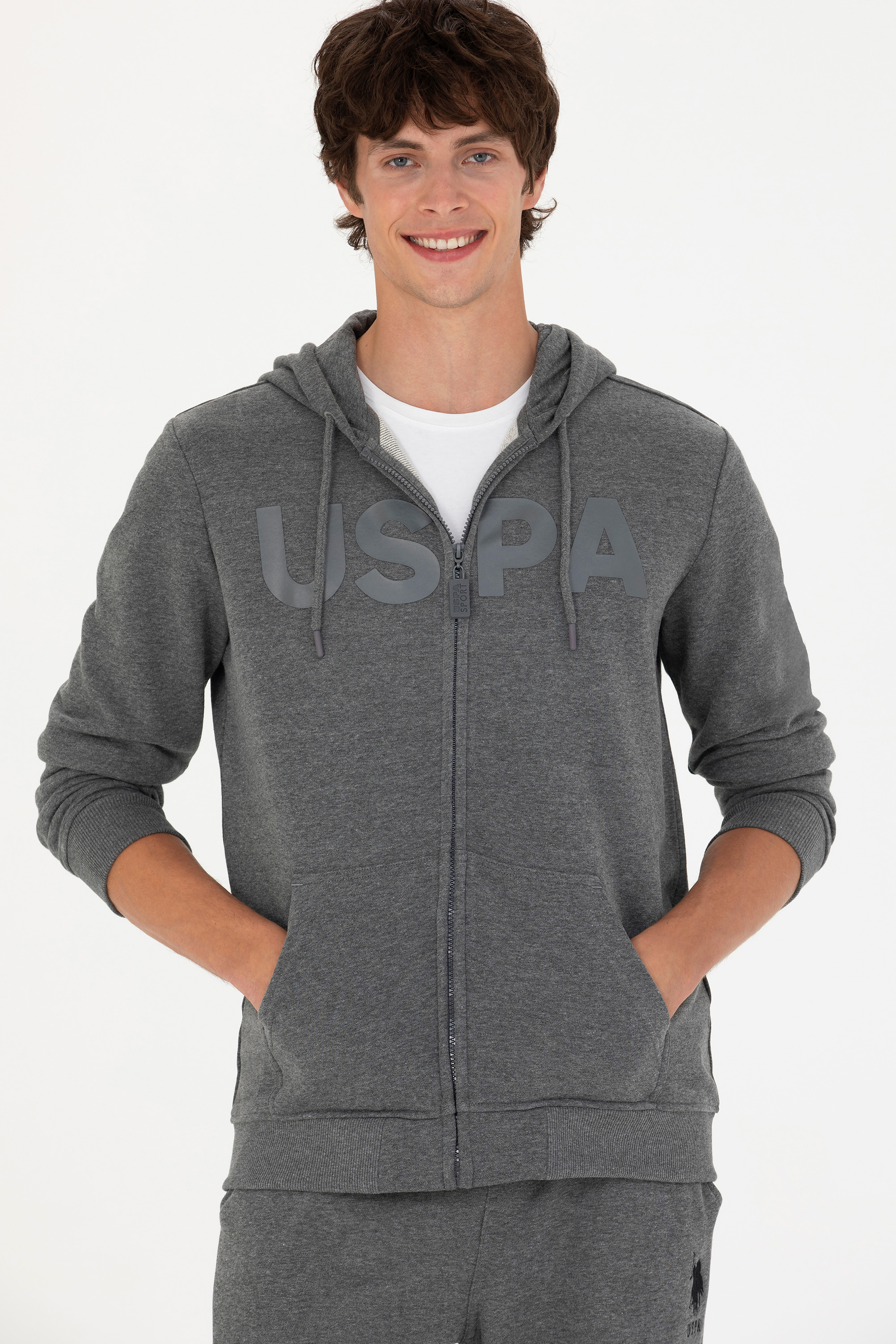 ژاکت هودی زغالی ملانژ رگولار آستین بلند مردانه یو اس پولو | US POLO ASSN