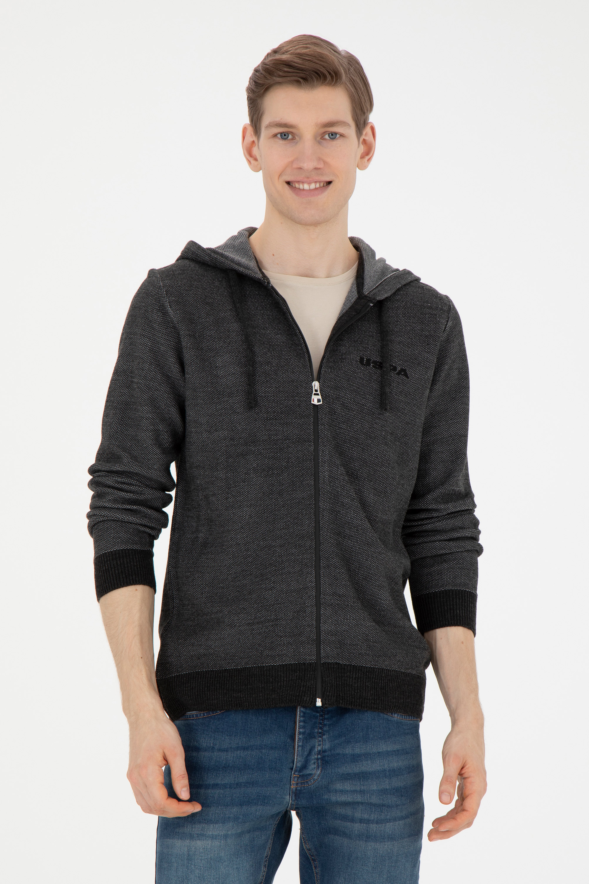 ژاکت هودی زغالی ملانژ اندامی آستین بلند مردانه یو اس پولو | US POLO ASSN