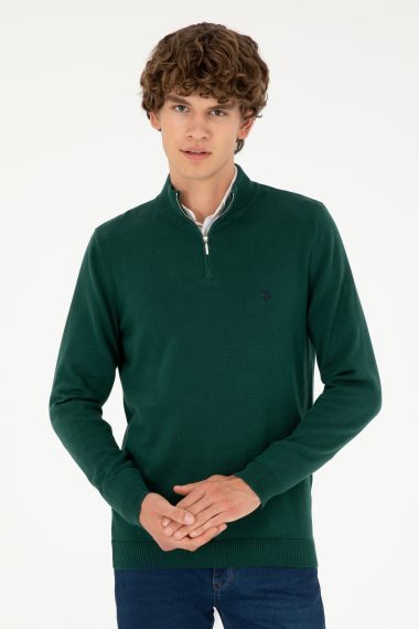 بافت اسلیم فیت یقه ایستاده سبز تیره  اندامی آستین بلند مردانه یو اس پولو | US POLO ASSN