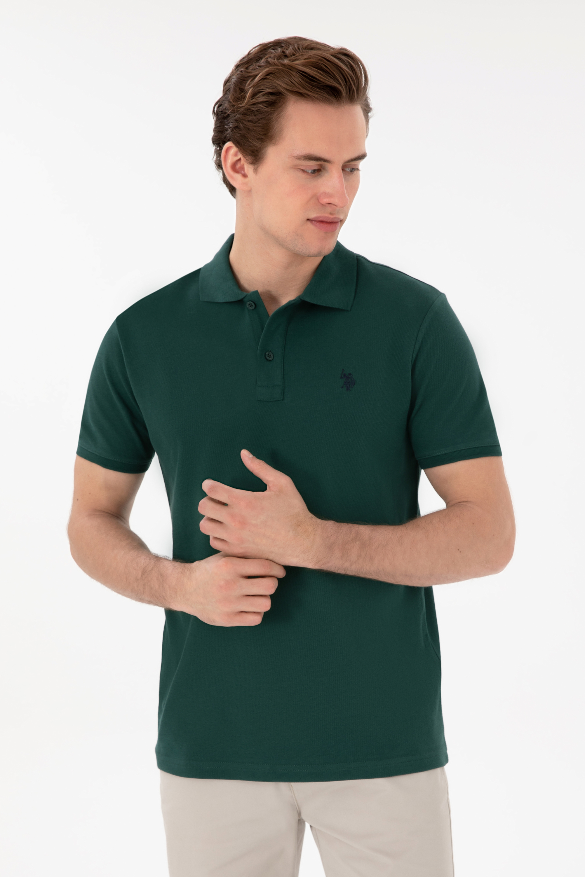 پولوشرت اسلیم فیت یقه پیراهنی سبز تیره اندامی آستین کوتاه مردانه یو اس پولو | US POLO ASSN