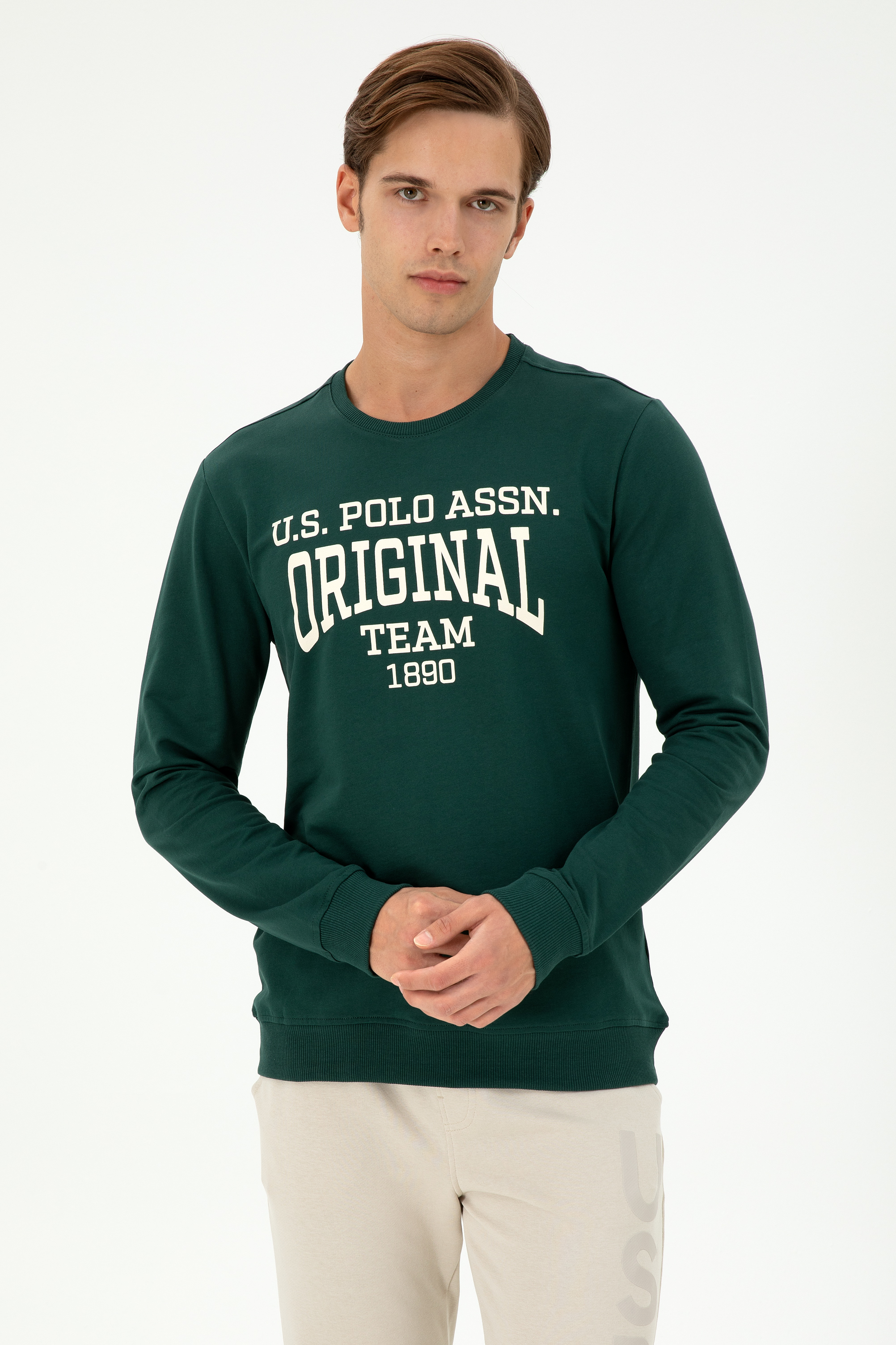 سویشرت یقه گرد سبز تیره رگولار آستین بلند مردانه یو اس پولو | US POLO ASSN