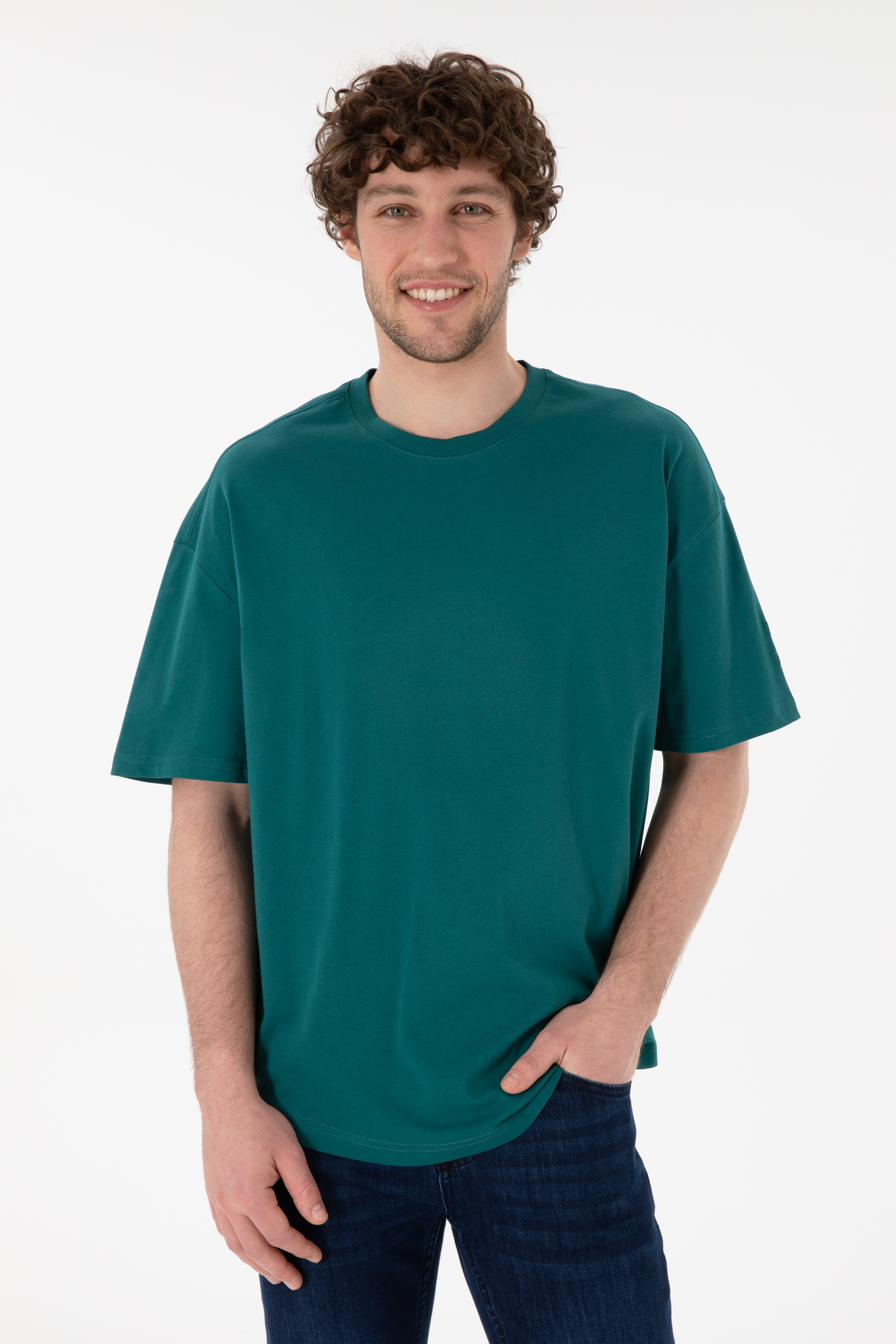 تی شرت یقه گرد لانگ فیت یقه گرد سبز تیره LONG FIT مردانه یو اس پولو | US POLO ASSN