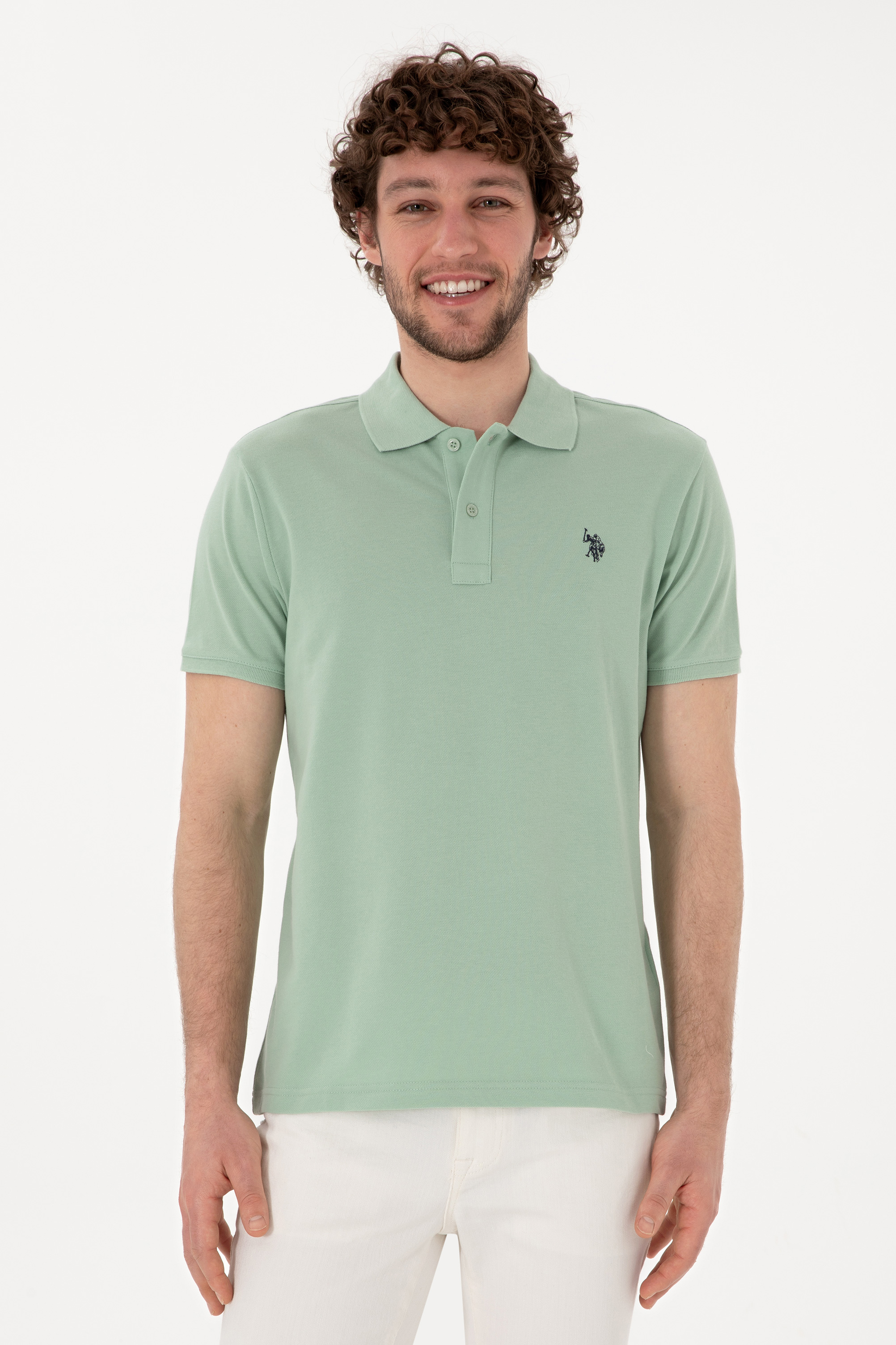 پولوشرت اسلیم فیت یقه پیراهنی سبزآبی اندامی آستین کوتاه مردانه یو اس پولو | US POLO ASSN