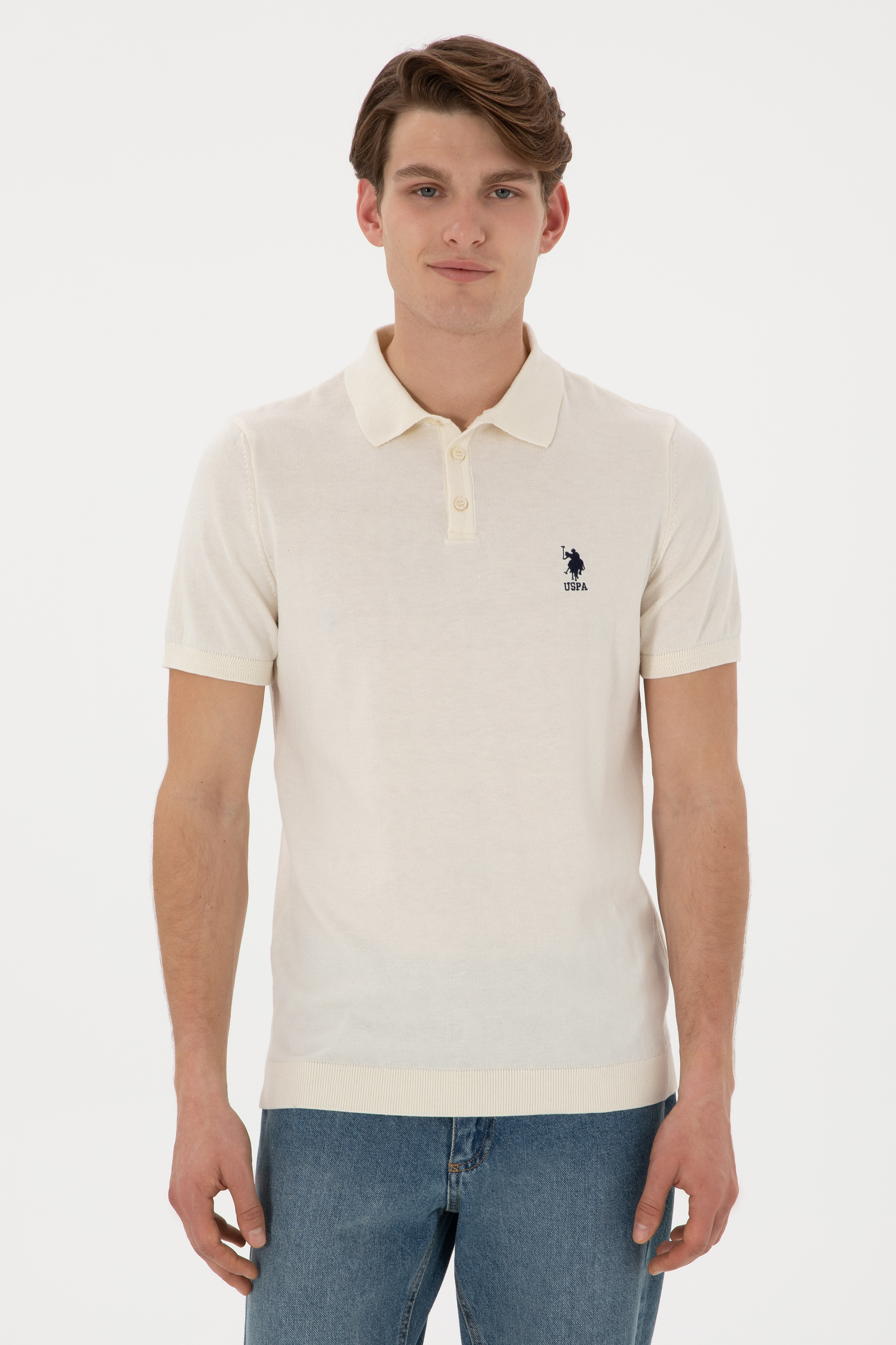 پولوشرت اسلیم فیت یقه پولو سفید رگولار مردانه یو اس پولو | US POLO ASSN