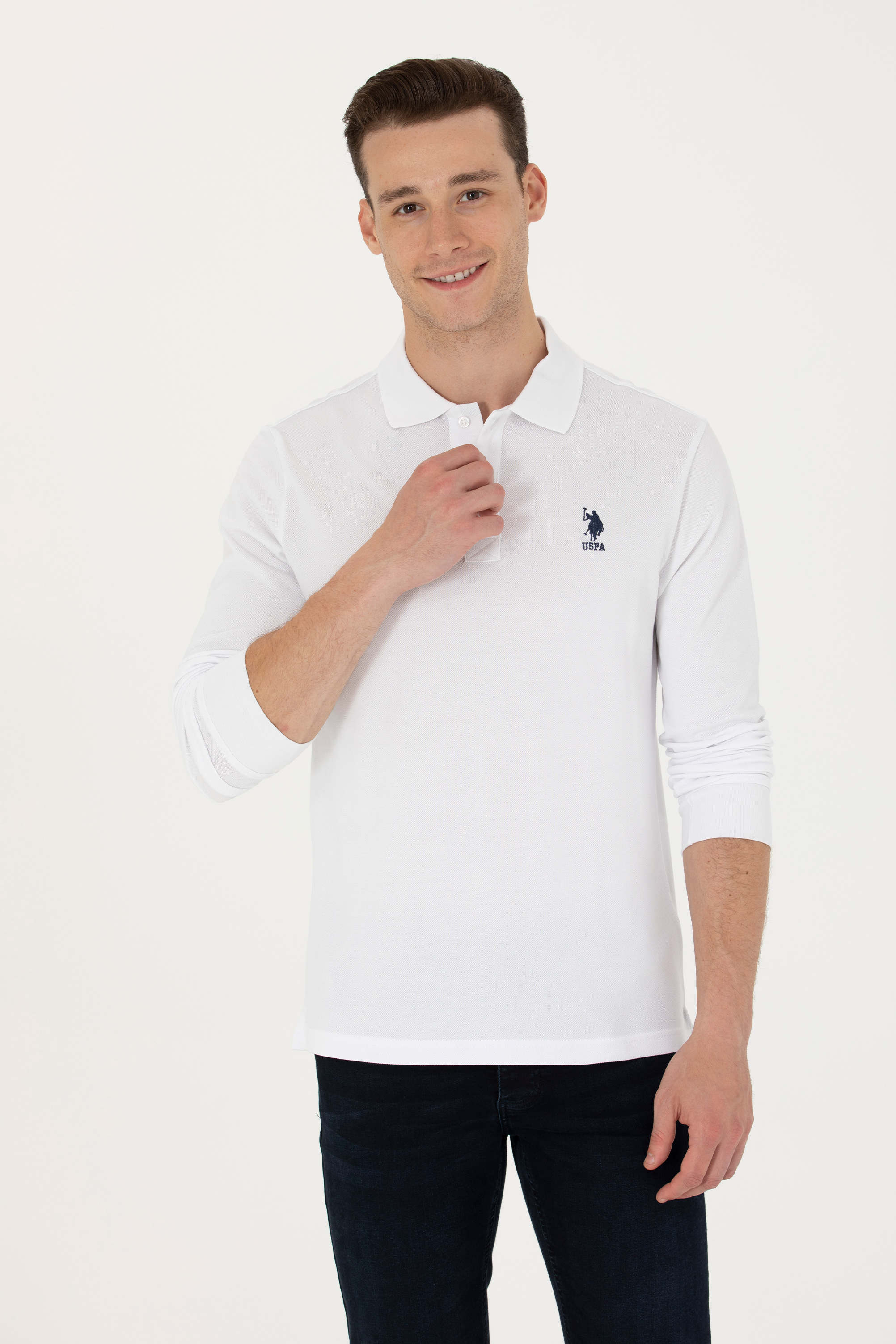 سویشرت بیسیک یقه پولو سفید رگولار آستین بلند مردانه یو اس پولو | US POLO ASSN