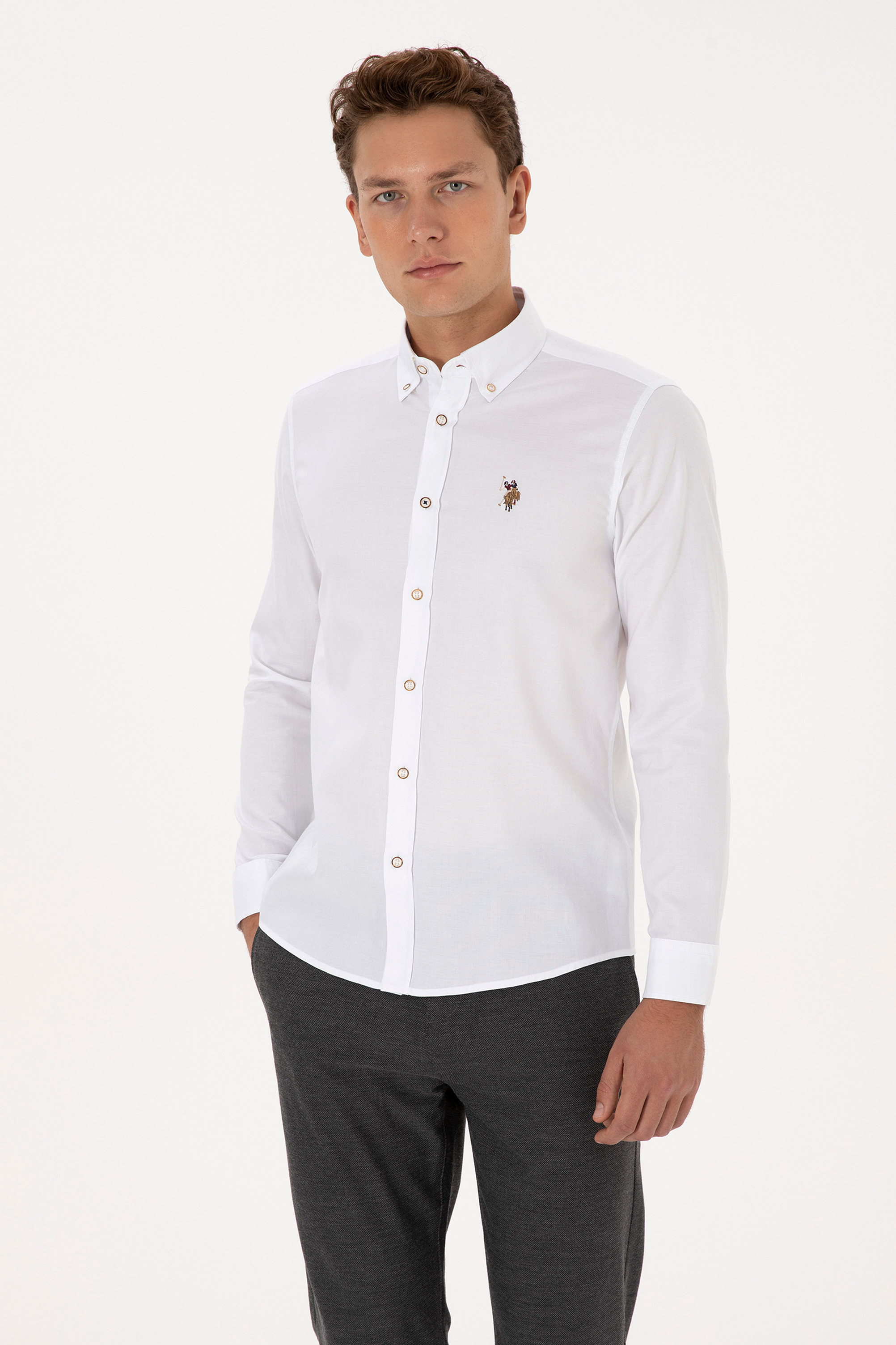 پیراهن بیسیک سفید اندامی مردانه یو اس پولو | US POLO ASSN