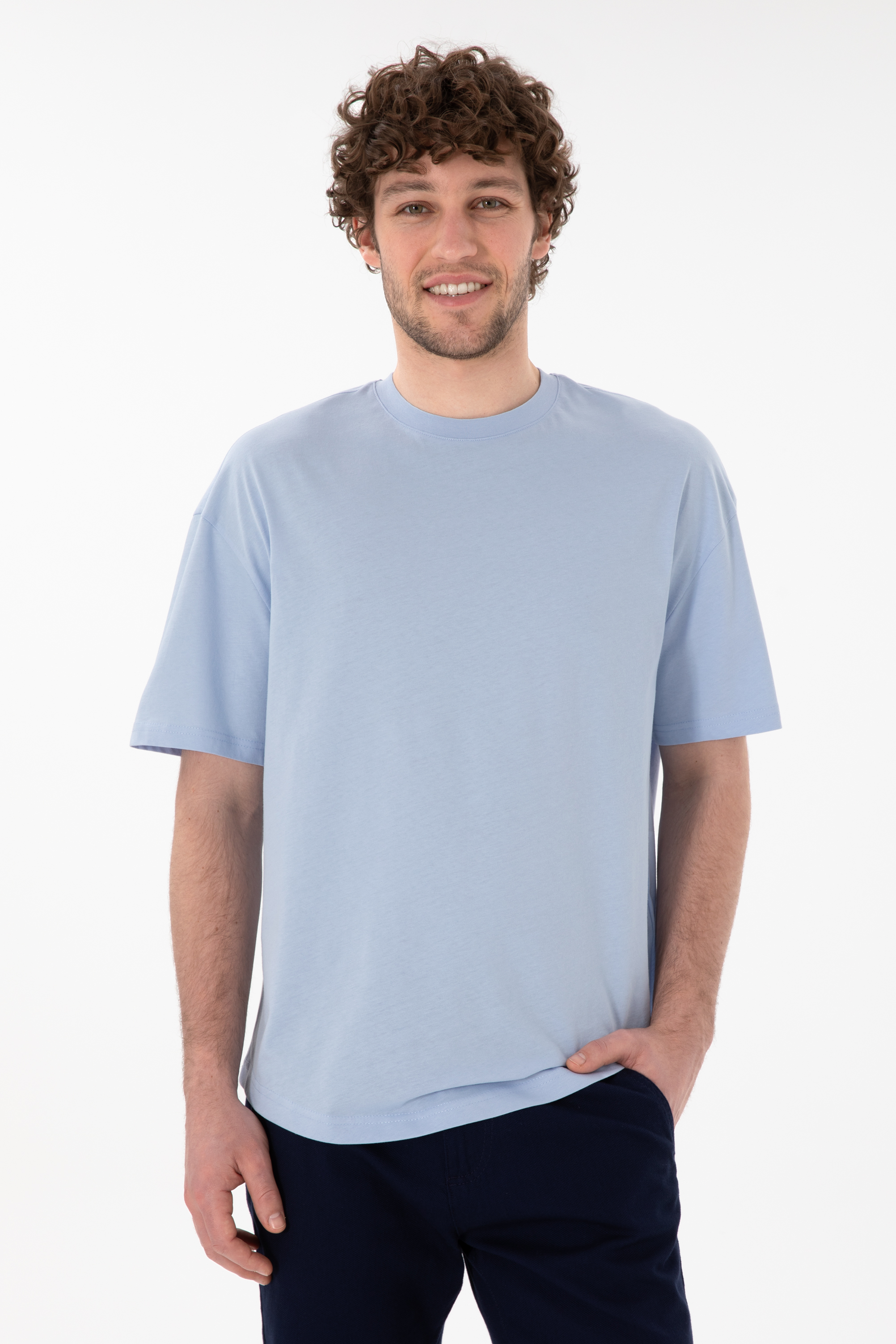 تی شرت یقه گرد لانگ فیت یقه گرد سورمه ای روشن LONG FIT آستین کوتاه مردانه یو اس پولو | US POLO ASSN