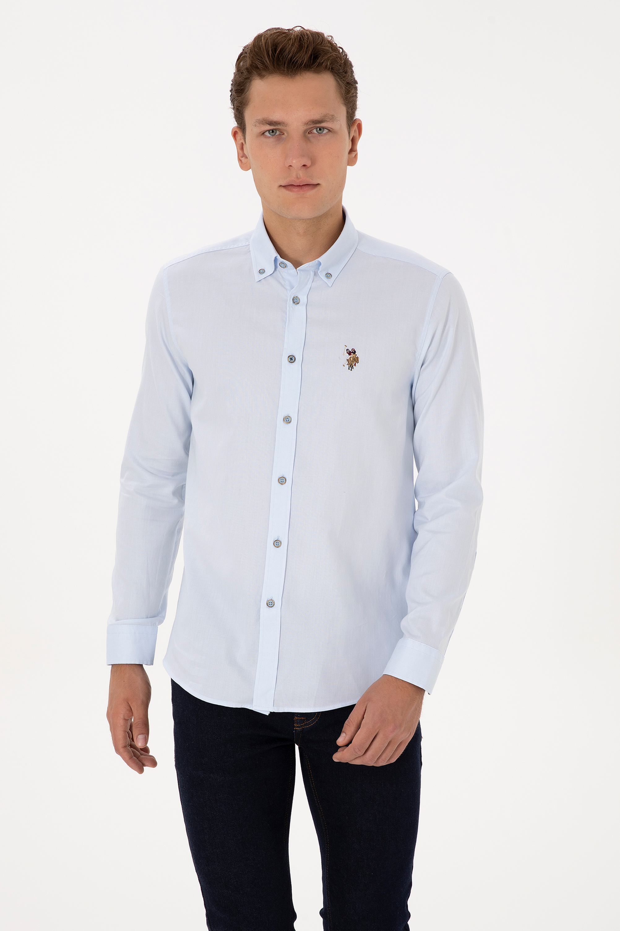 پیراهن بیسیک سورمه ای روشن اندامی مردانه یو اس پولو | US POLO ASSN