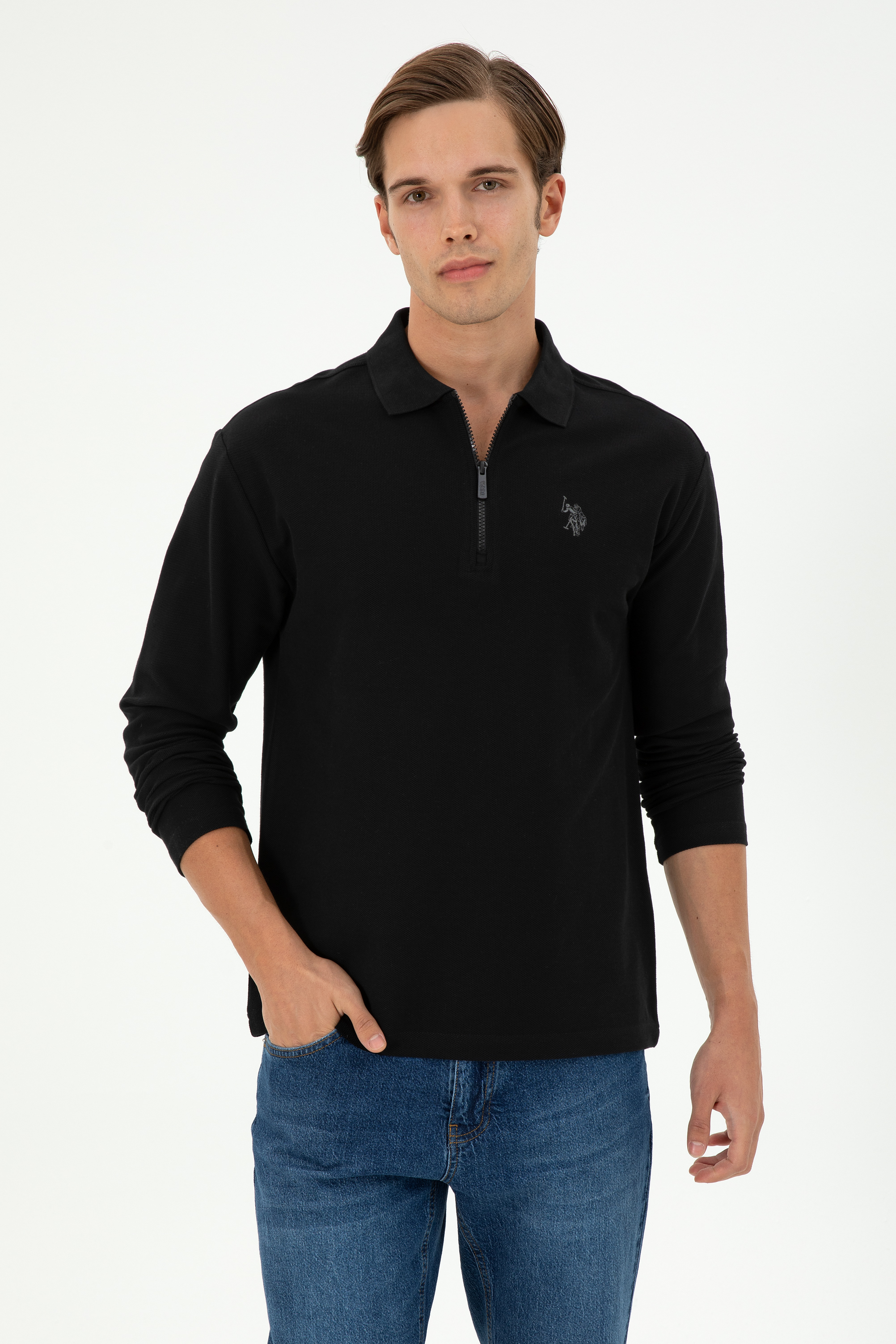 سویشرت یقه ایستاده سیاه ریلکس آستین بلند مردانه یو اس پولو | US POLO ASSN