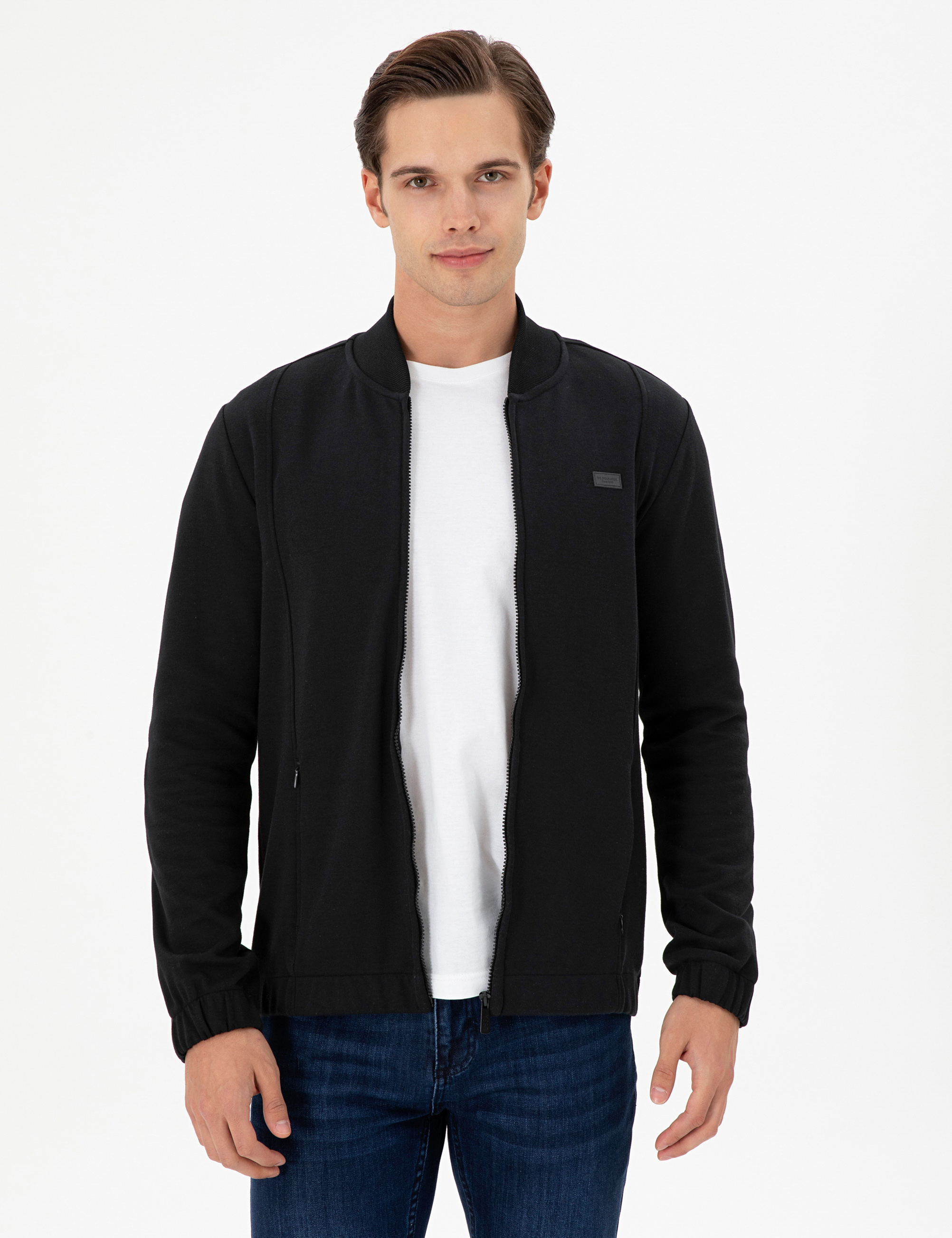 ژاکت یقه ایستاده سیاه اندامی آستین بلند مردانه یو اس پولو | US POLO ASSN