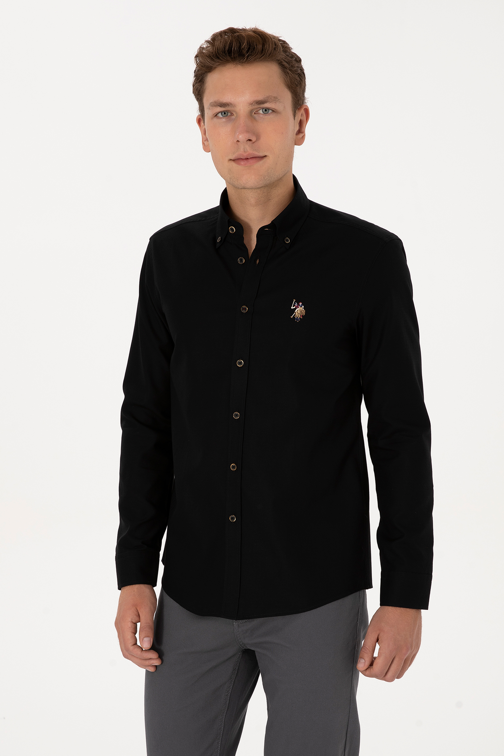 پیراهن بیسیک سیاه اندامی مردانه یو اس پولو | US POLO ASSN