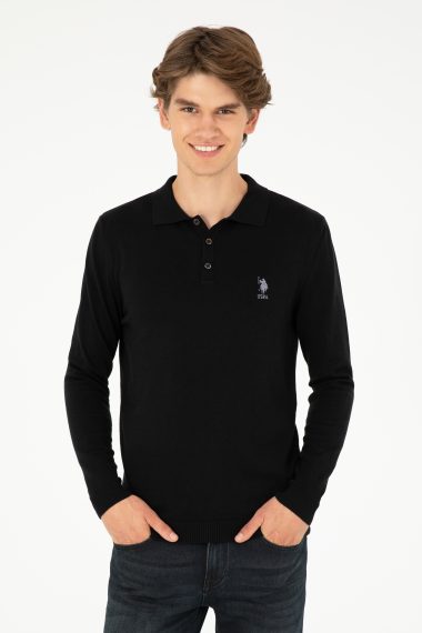 بافت اسلیم فیت یقه پولو سیاه  اندامی آستین بلند مردانه یو اس پولو | US POLO ASSN