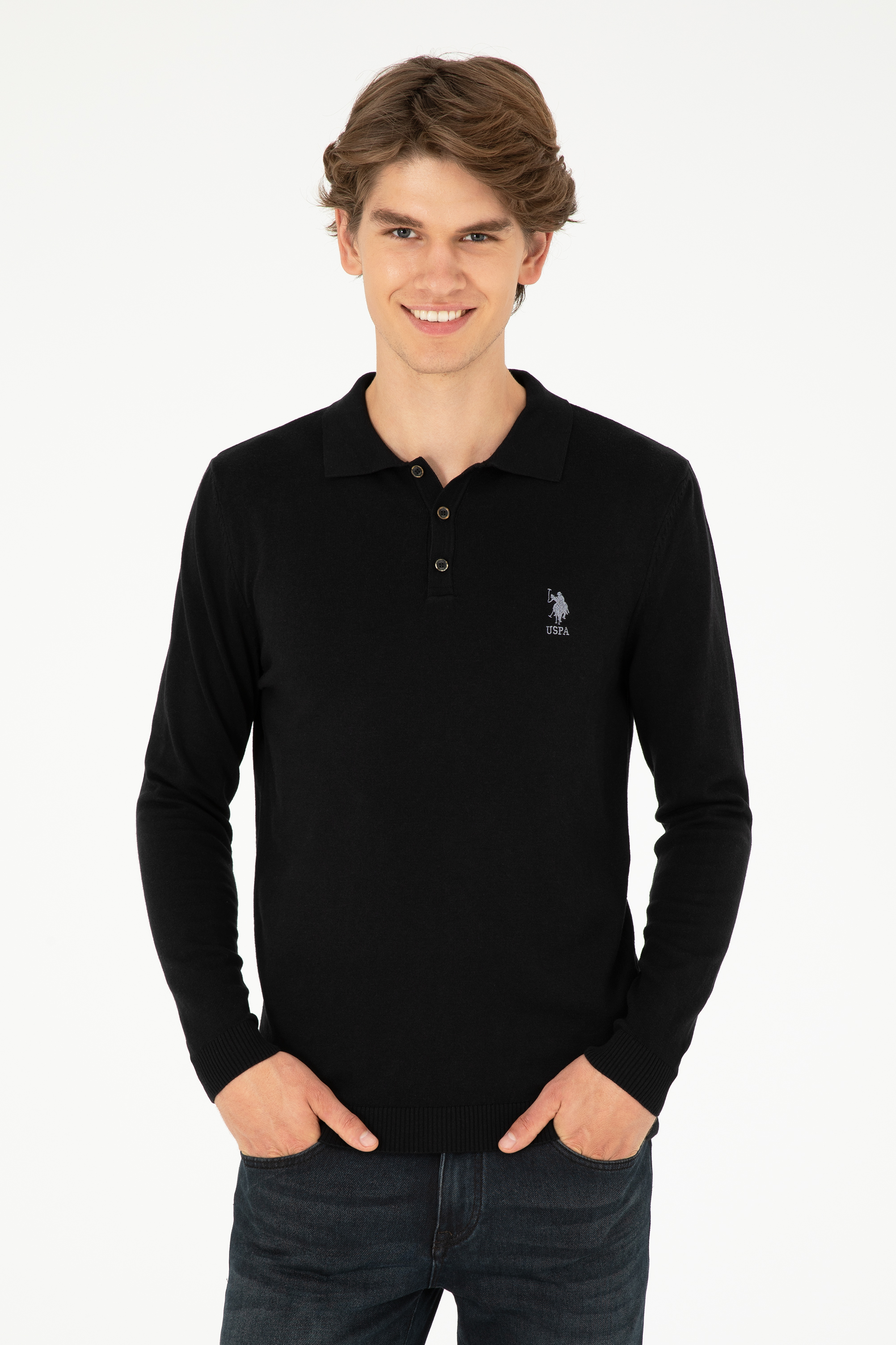 بافت اسلیم فیت یقه پولو سیاه اندامی آستین بلند مردانه یو اس پولو | US POLO ASSN