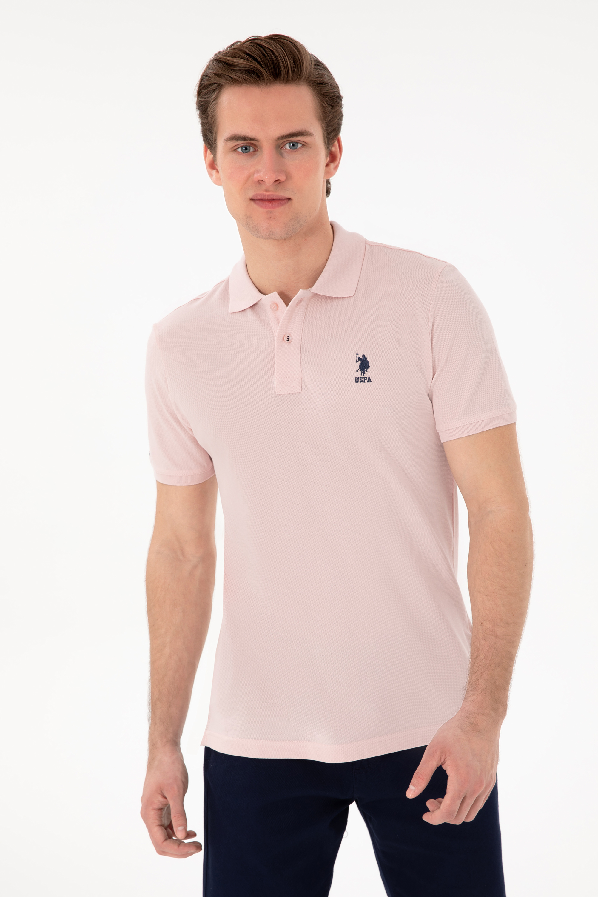 پولوشرت اسلیم فیت یقه پیراهنی صورتی اندامی آستین کوتاه مردانه یو اس پولو | US POLO ASSN