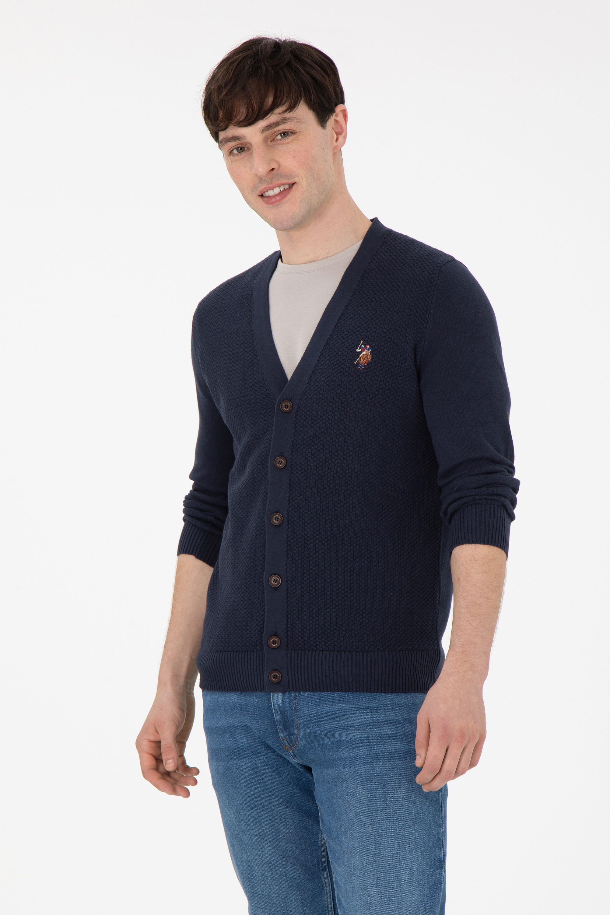ژاکت تریکو بیسیک یقه هفت لاجورد رگولار آستین بلند مردانه یو اس پولو | US POLO ASSN
