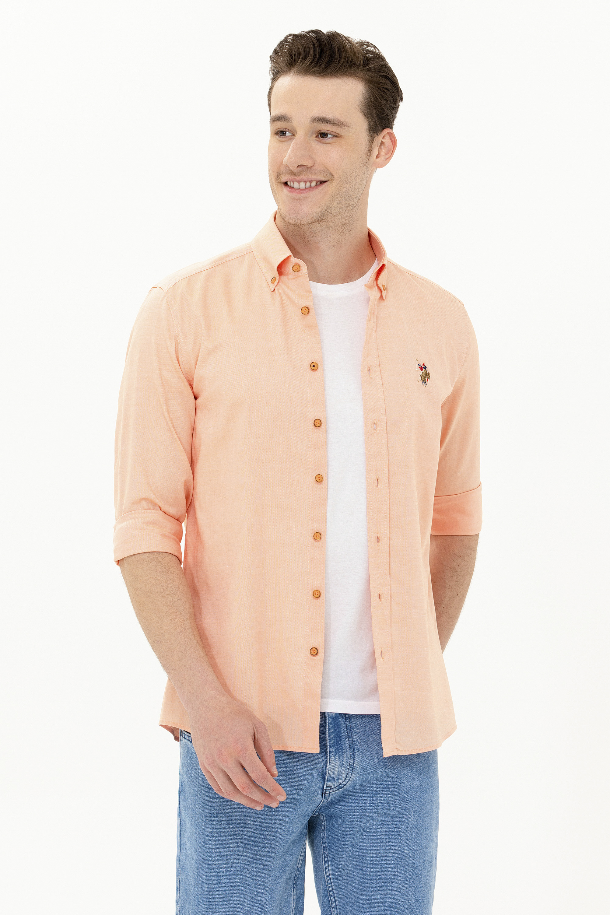پیراهن بیسیک نارنجی اندامی مردانه یو اس پولو | US POLO ASSN