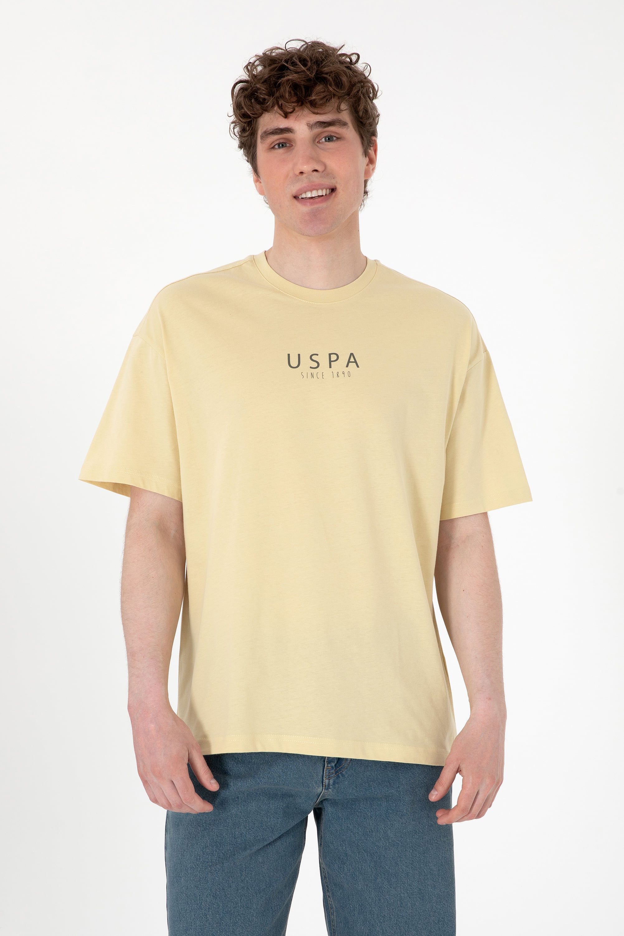 تی شرت یقه گرد یقه گرد خاکی روشن Oversize مردانه یو اس پولو | US POLO ASSN