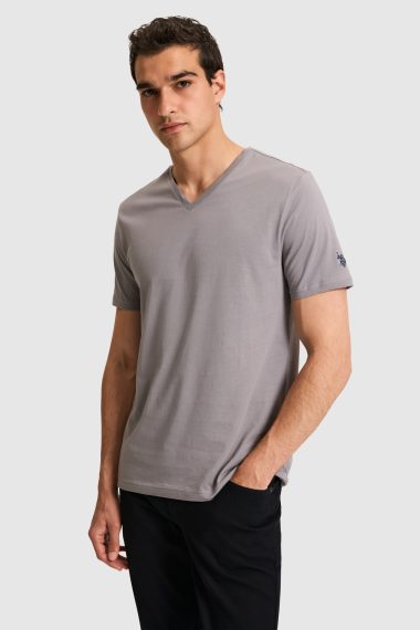 تی شرت یقه هفت  خاکستری  رگولار  مردانه یو اس پولو | US POLO ASSN