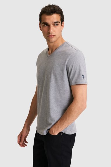تی شرت یقه هفت  خاکستری ملانژ  رگولار  مردانه یو اس پولو | US POLO ASSN