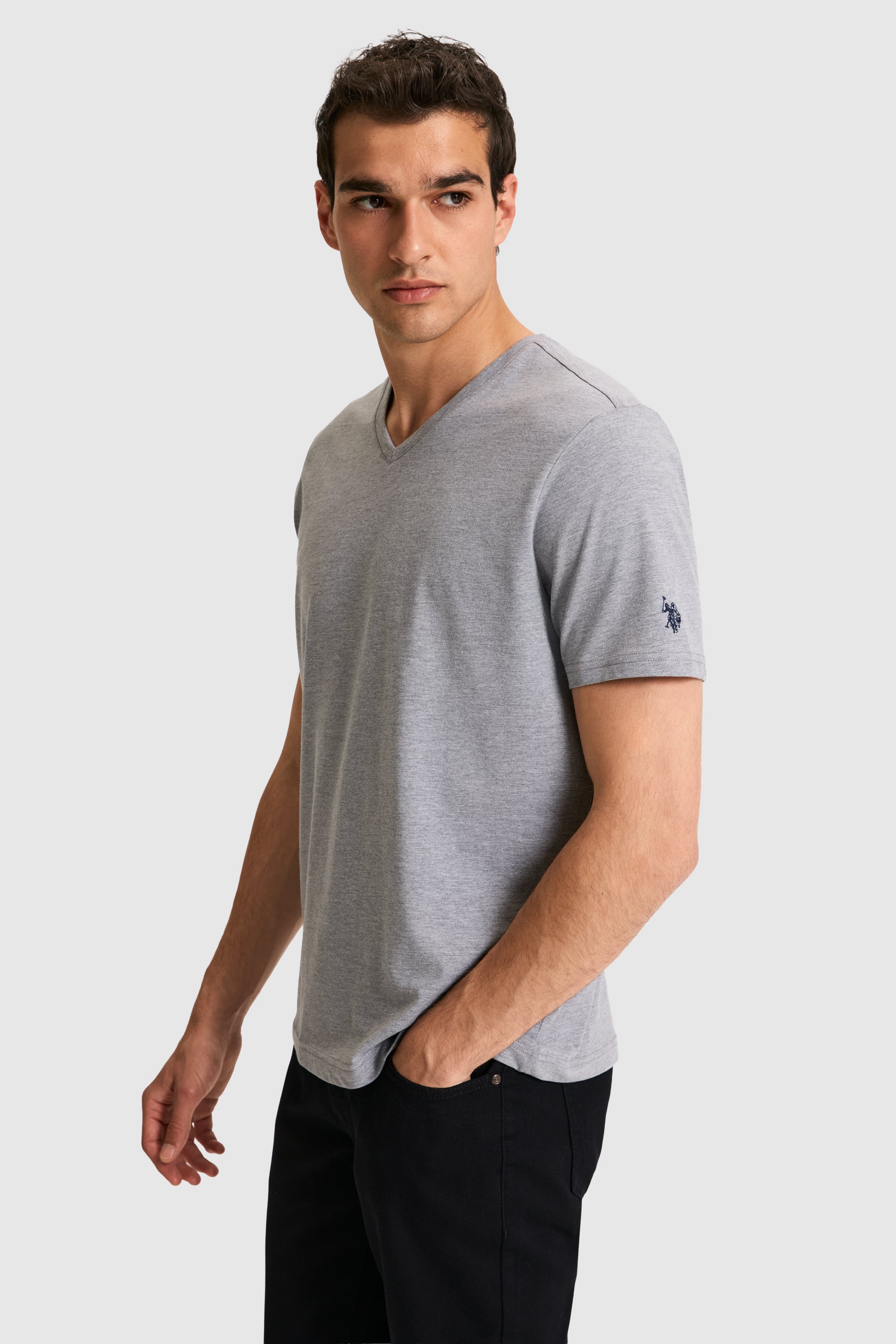 تی شرت یقه هفت خاکستری ملانژ رگولار مردانه یو اس پولو | US POLO ASSN