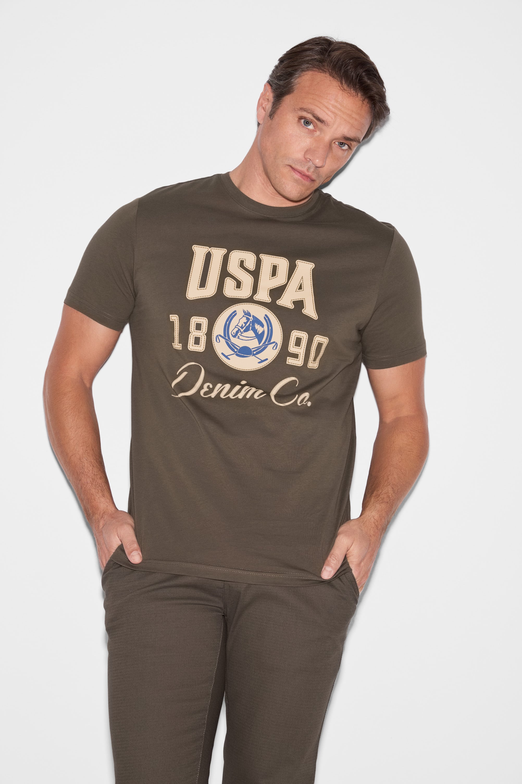 تی شرت یقه گرد خاکی تیره رگولار مردانه یو اس پولو | US POLO ASSN