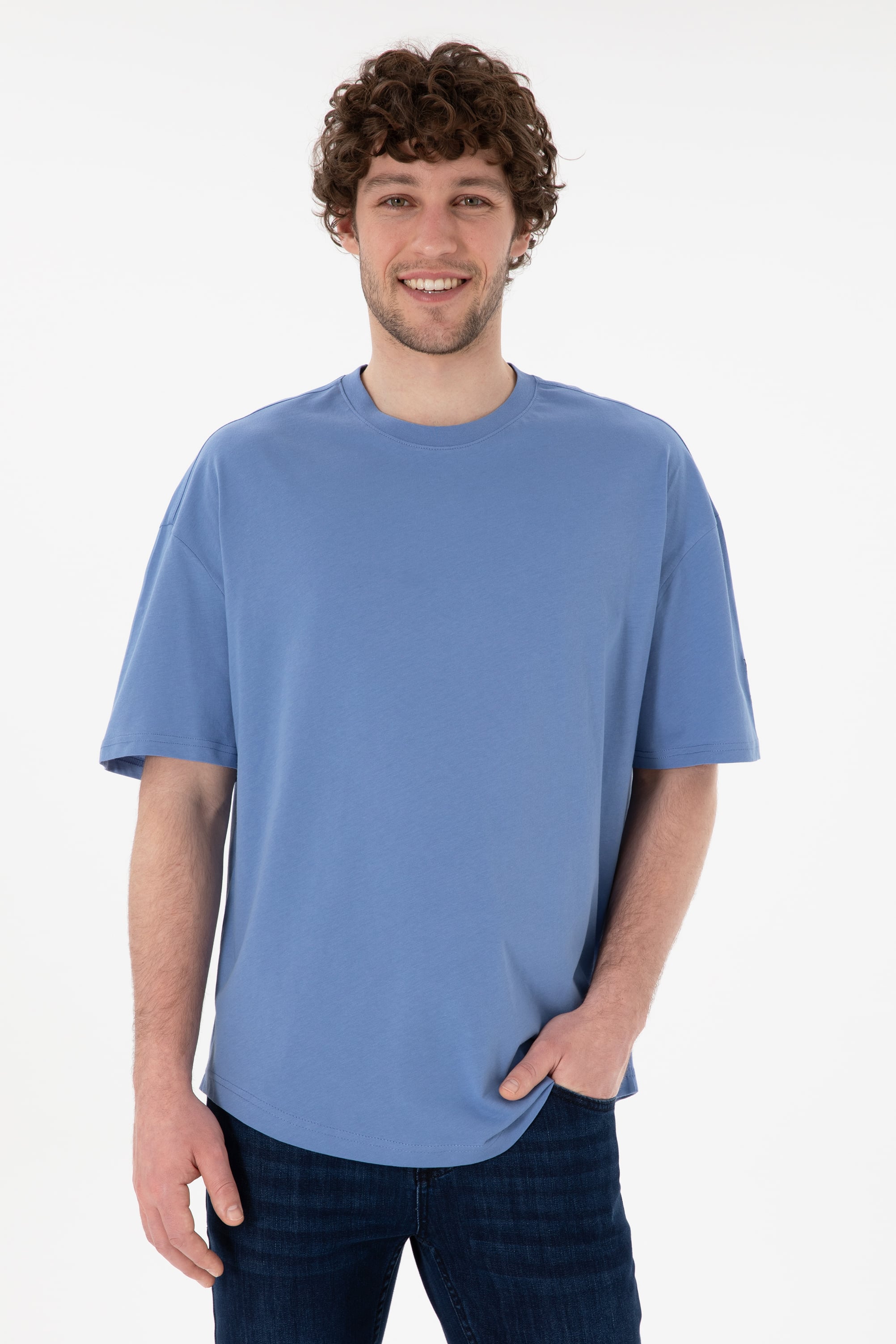 تی شرت یقه گرد یقه گرد آبی تیره LONG FIT آستین کوتاه مردانه یو اس پولو | US POLO ASSN