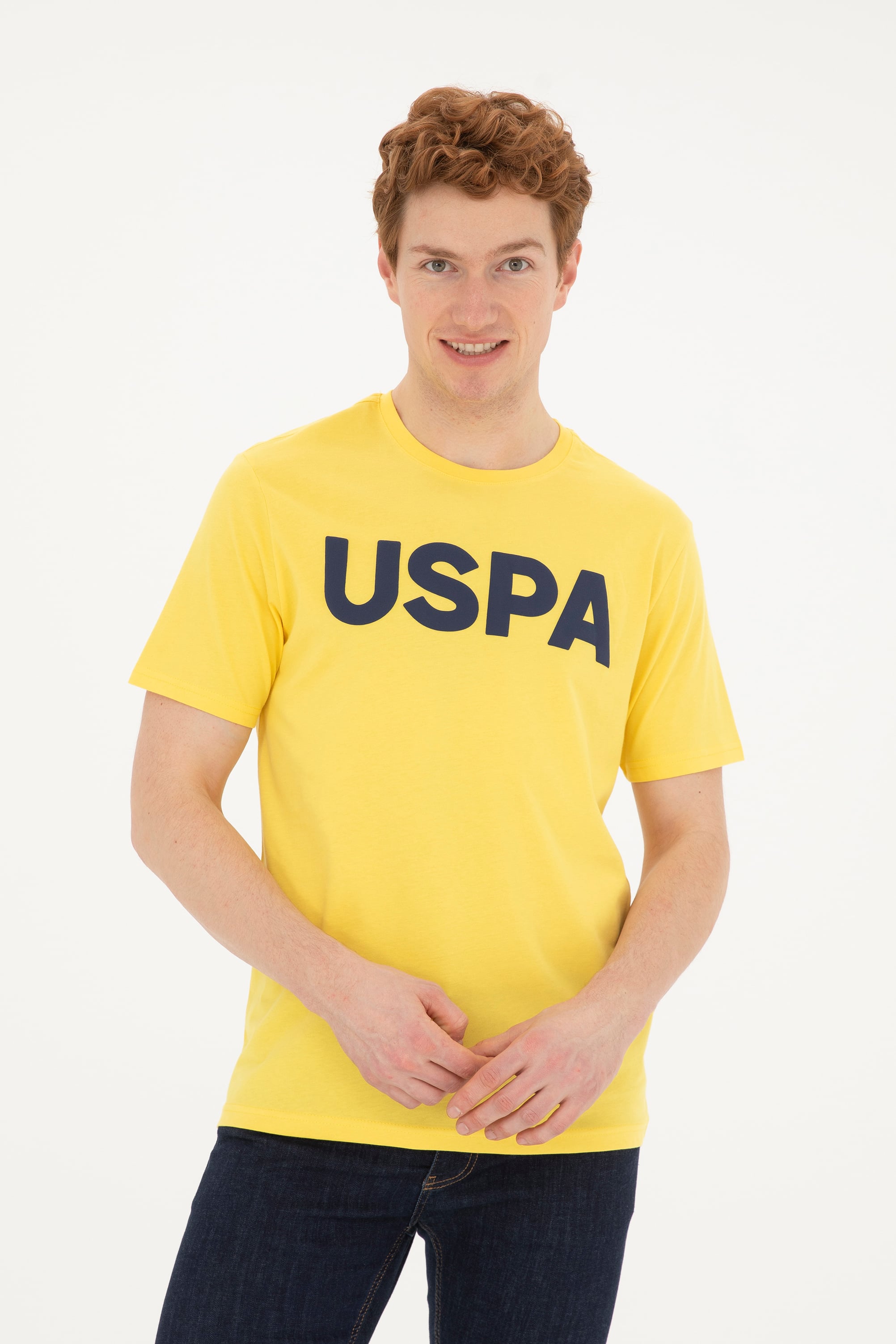 تی شرت یقه گرد یقه گرد زرد رگولار آستین کوتاه مردانه یو اس پولو | US POLO ASSN