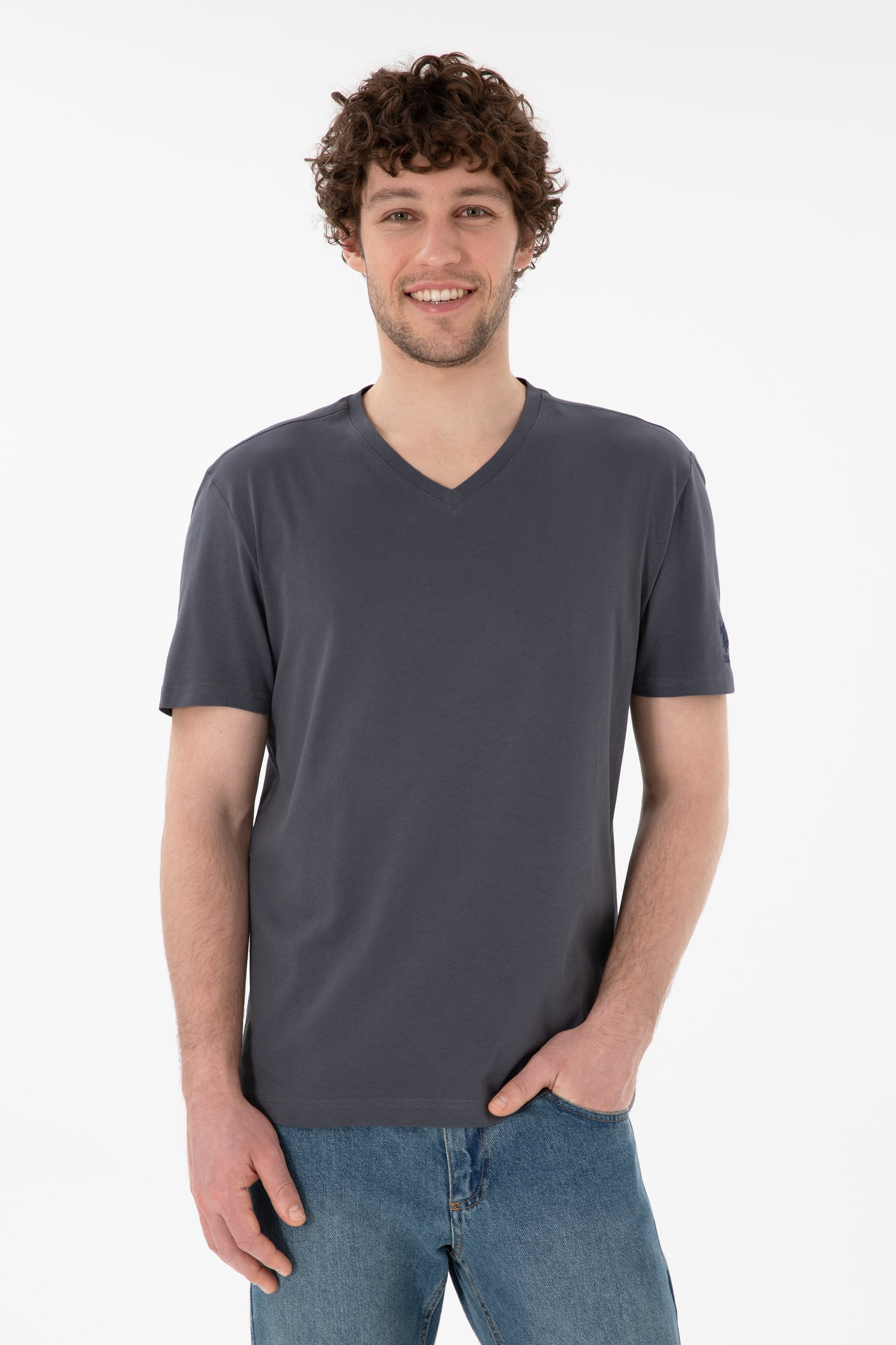 تی شرت یقه هفت یقه هفت زغالی رگولار آستین کوتاه مردانه یو اس پولو | US POLO ASSN