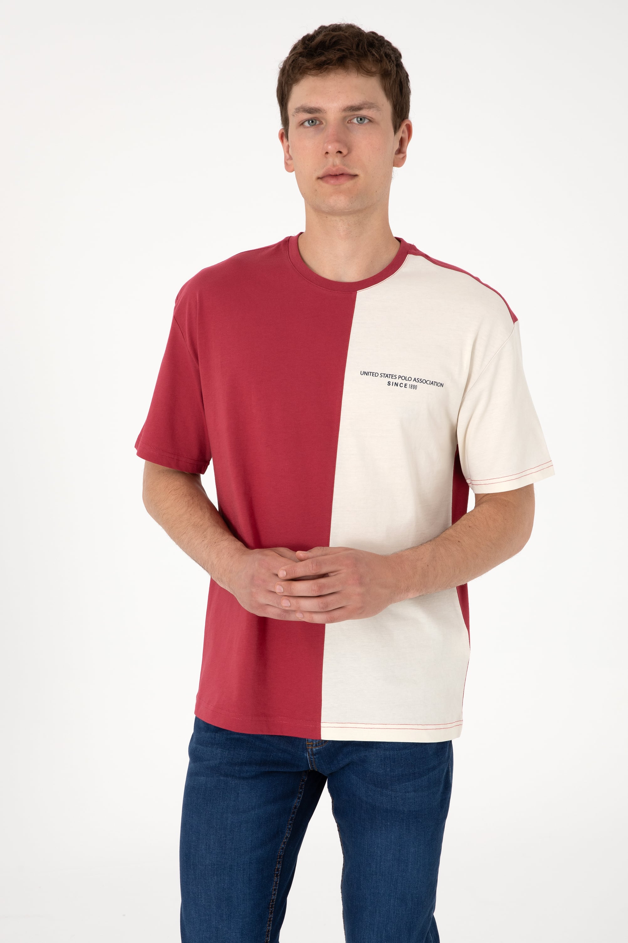 تی شرت یقه گرد یقه گرد آلبالویی ریلکس مردانه یو اس پولو | US POLO ASSN