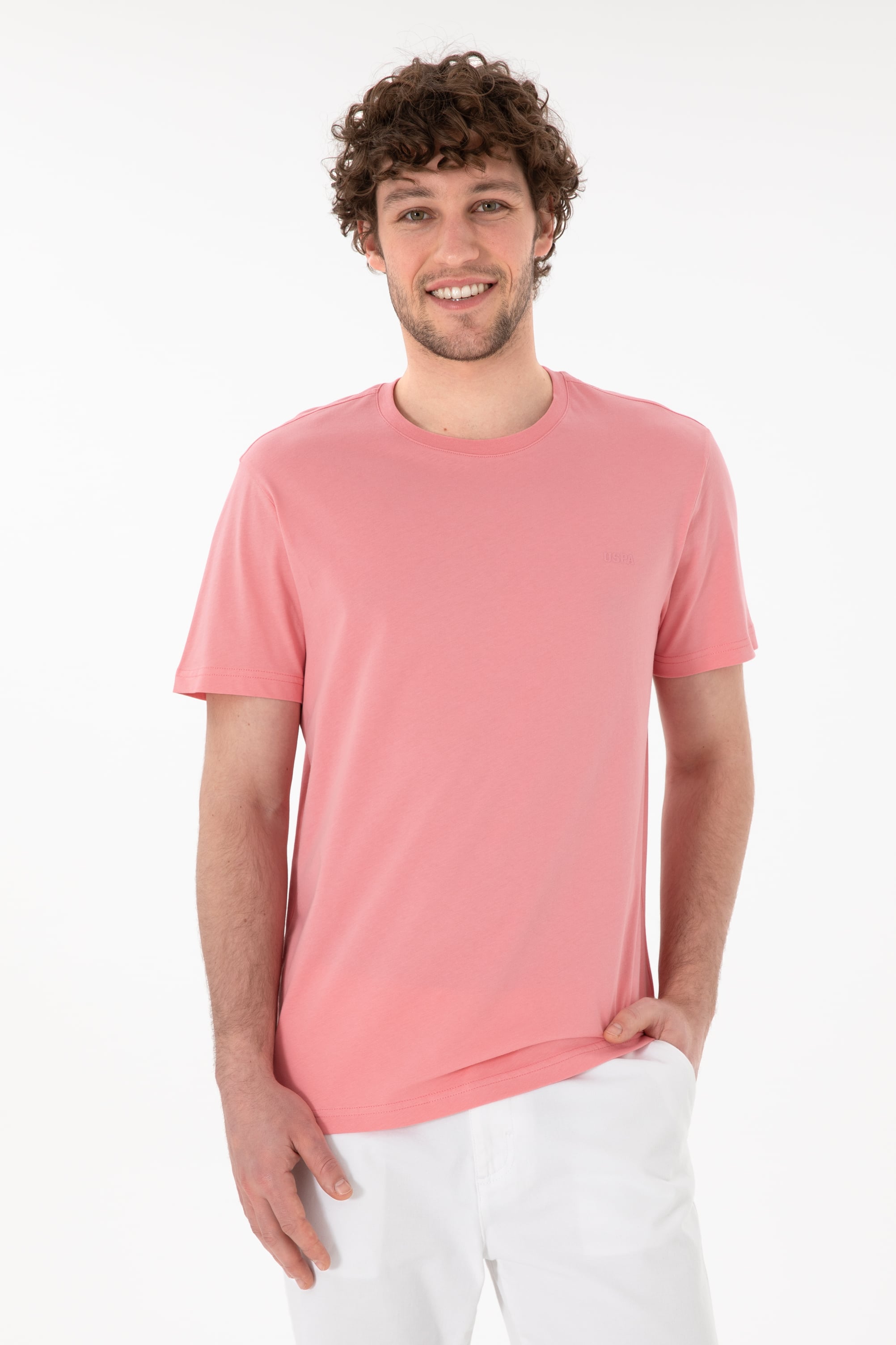 تی شرت یقه گرد یقه گرد صورتی رگولار آستین کوتاه مردانه یو اس پولو | US POLO ASSN