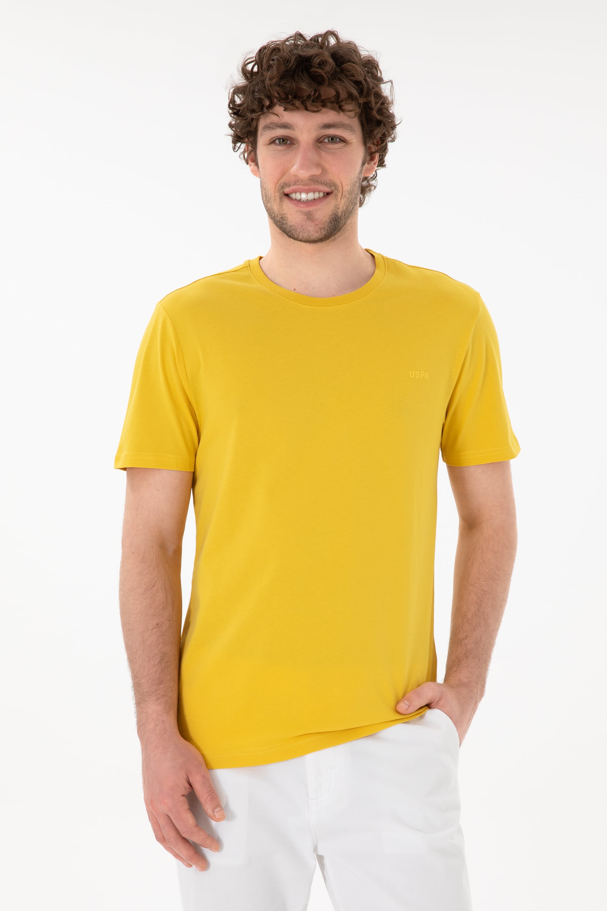 تی شرت یقه گرد یقه گرد زرد تیره رگولار آستین کوتاه مردانه یو اس پولو | US POLO ASSN