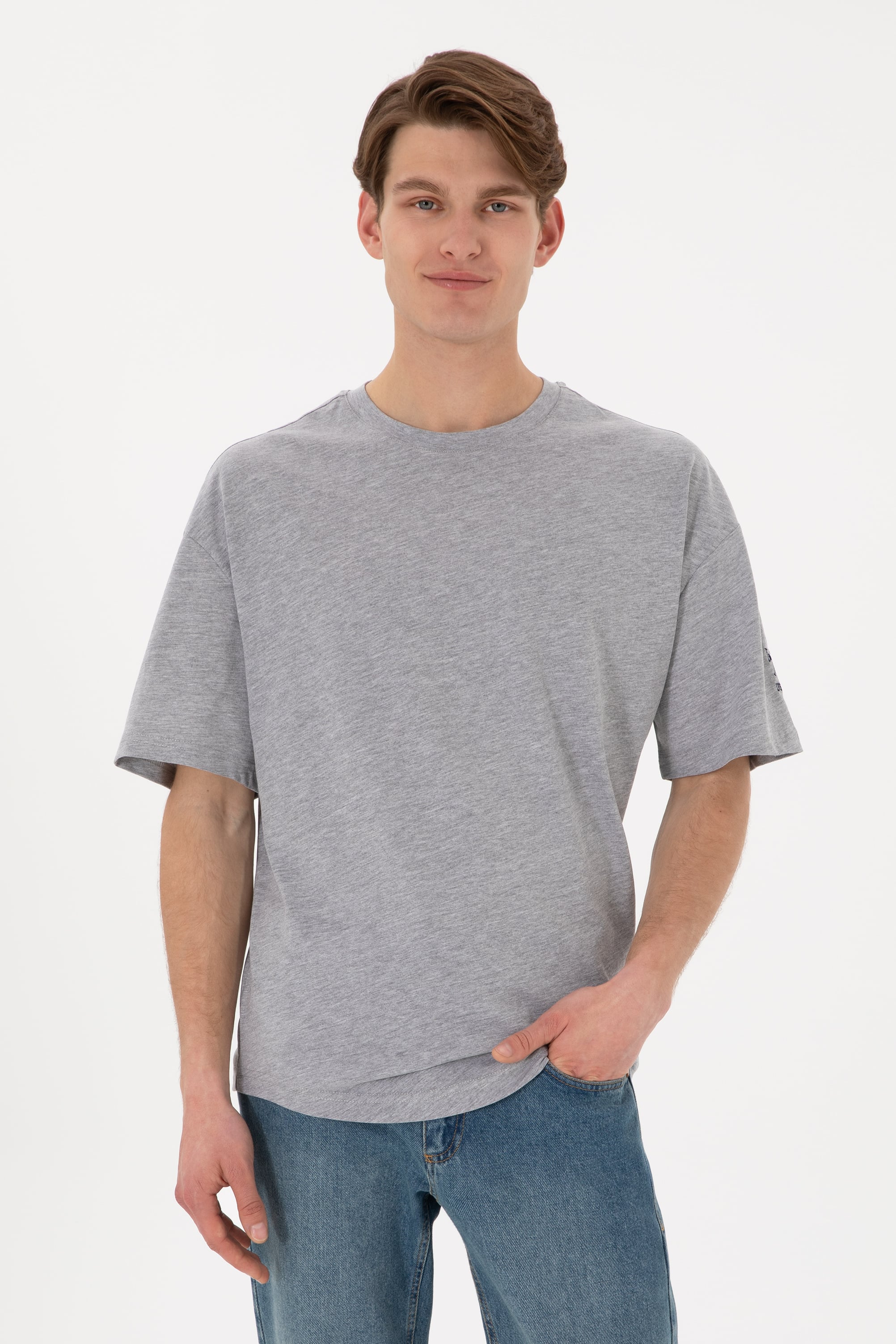تی شرت یقه گرد یقه گرد خاکستری ملانژ LONG FIT مردانه یو اس پولو | US POLO ASSN