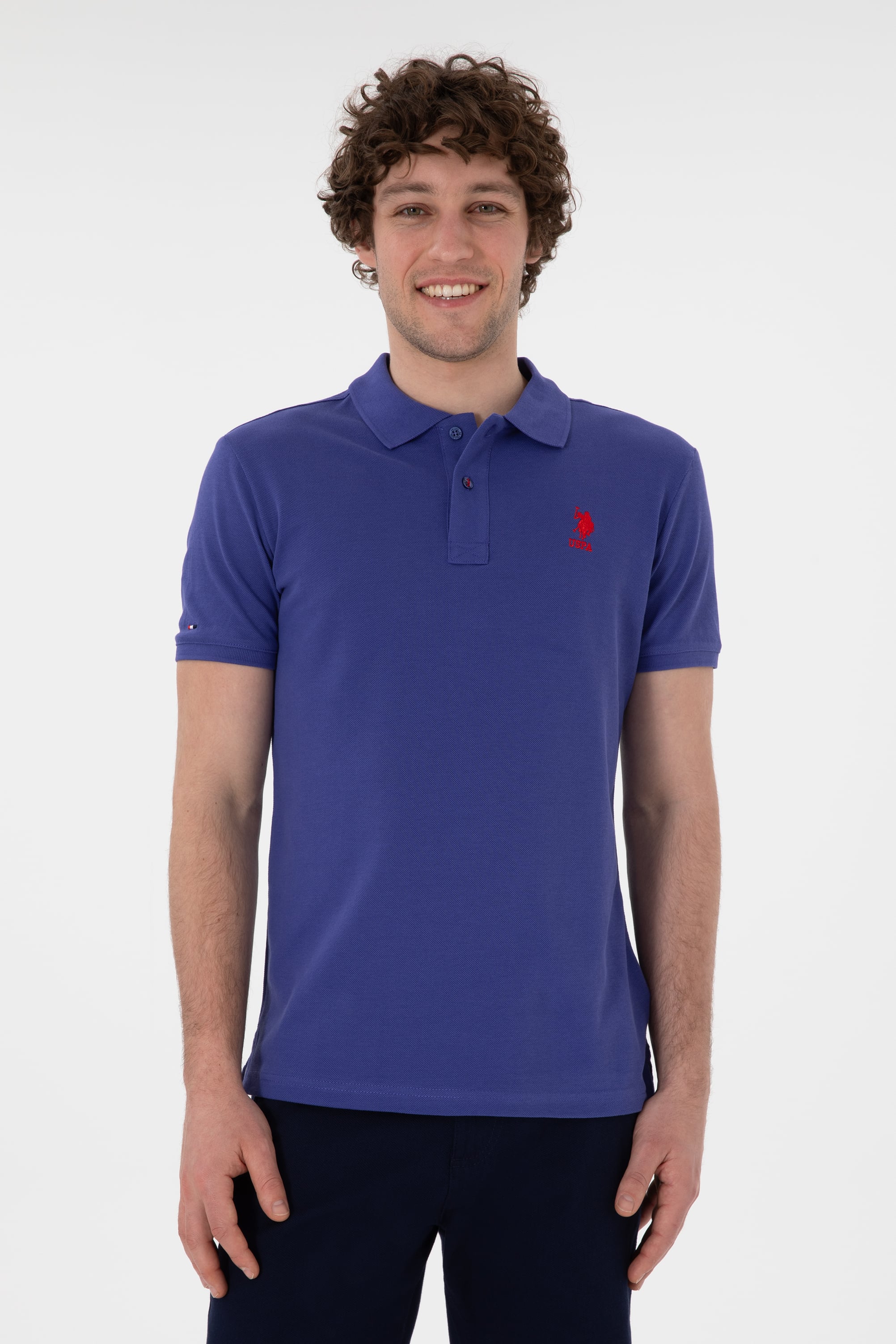 پولوشرت یقه پیراهنی آبی اندامی آستین کوتاه مردانه یو اس پولو | US POLO ASSN