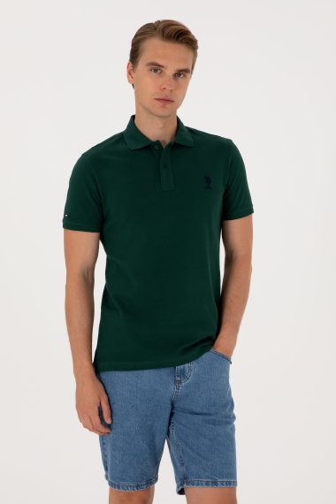 پولوشرت یقه پیراهنی سبز تیره  اندامی آستین کوتاه مردانه یو اس پولو | US POLO ASSN
