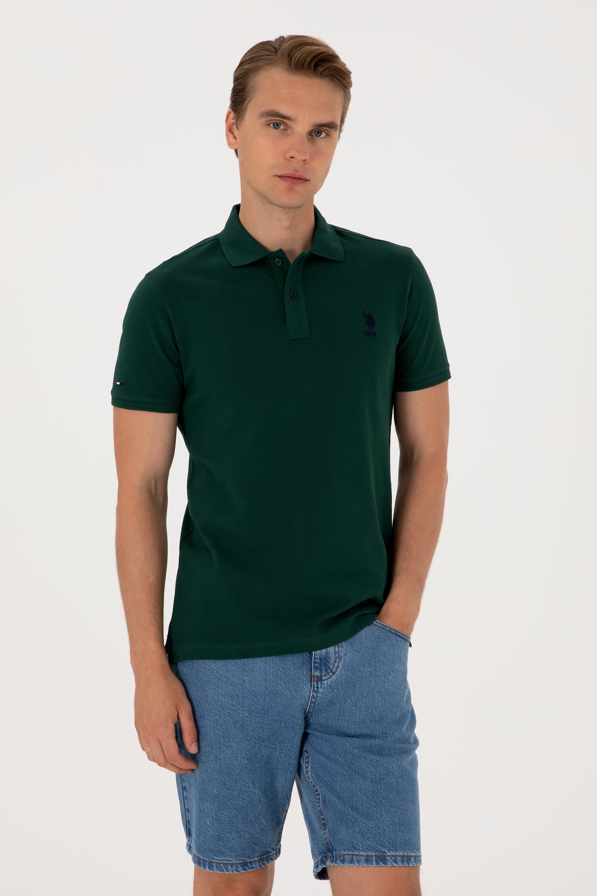 پولوشرت یقه پیراهنی سبز تیره اندامی آستین کوتاه مردانه یو اس پولو | US POLO ASSN