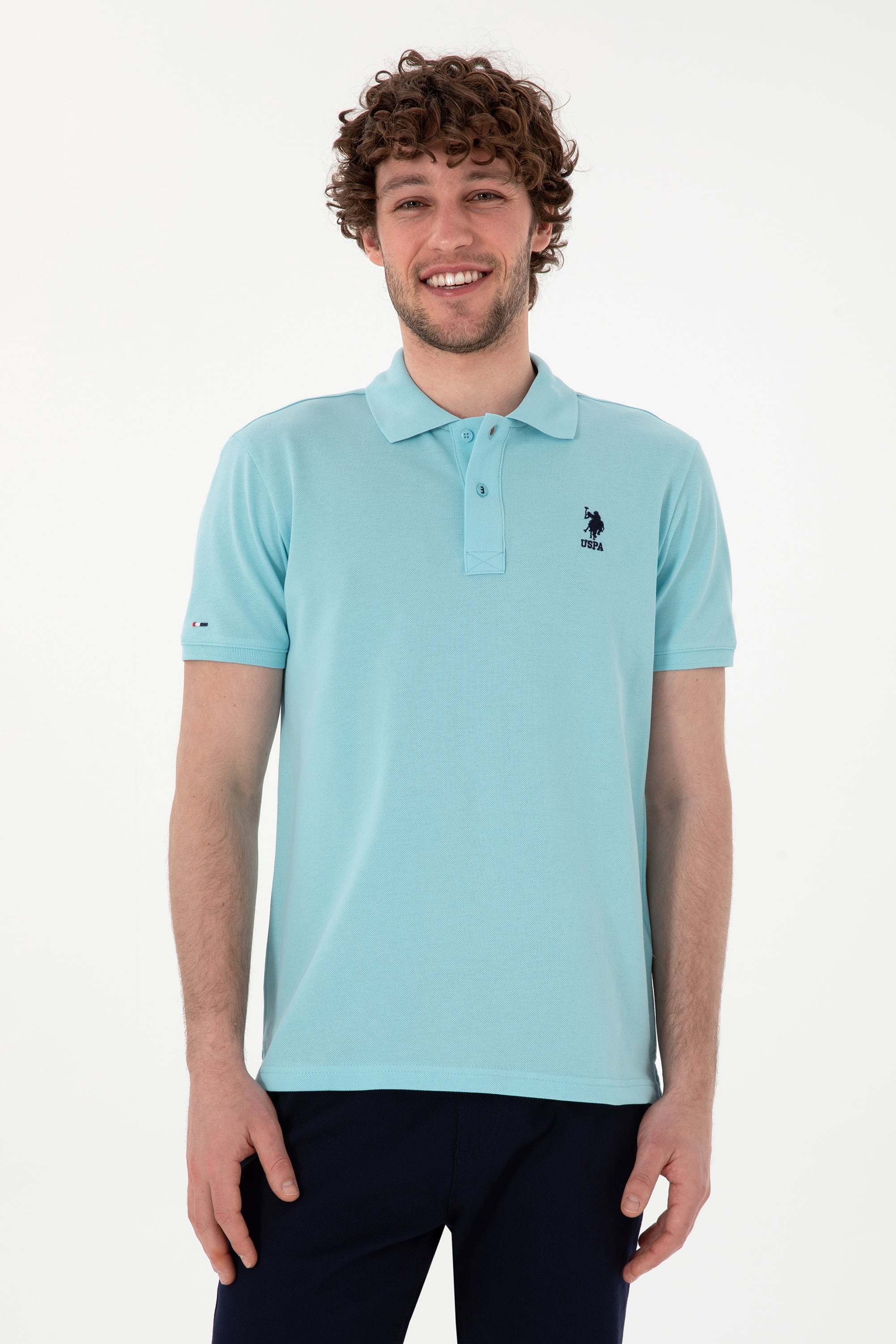 پولوشرت یقه پیراهنی نیلی اندامی آستین کوتاه مردانه یو اس پولو | US POLO ASSN