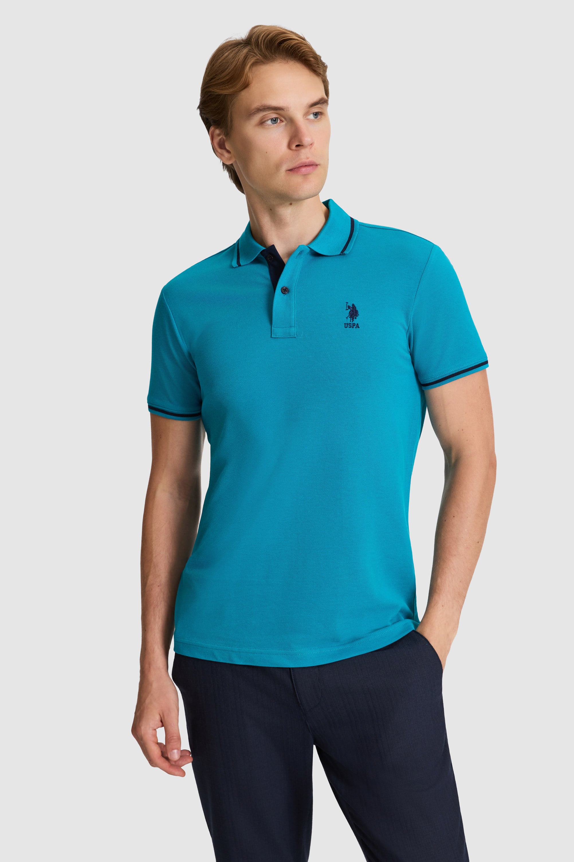 پولوشرت آبی نفتی اندامی مردانه یو اس پولو | US POLO ASSN