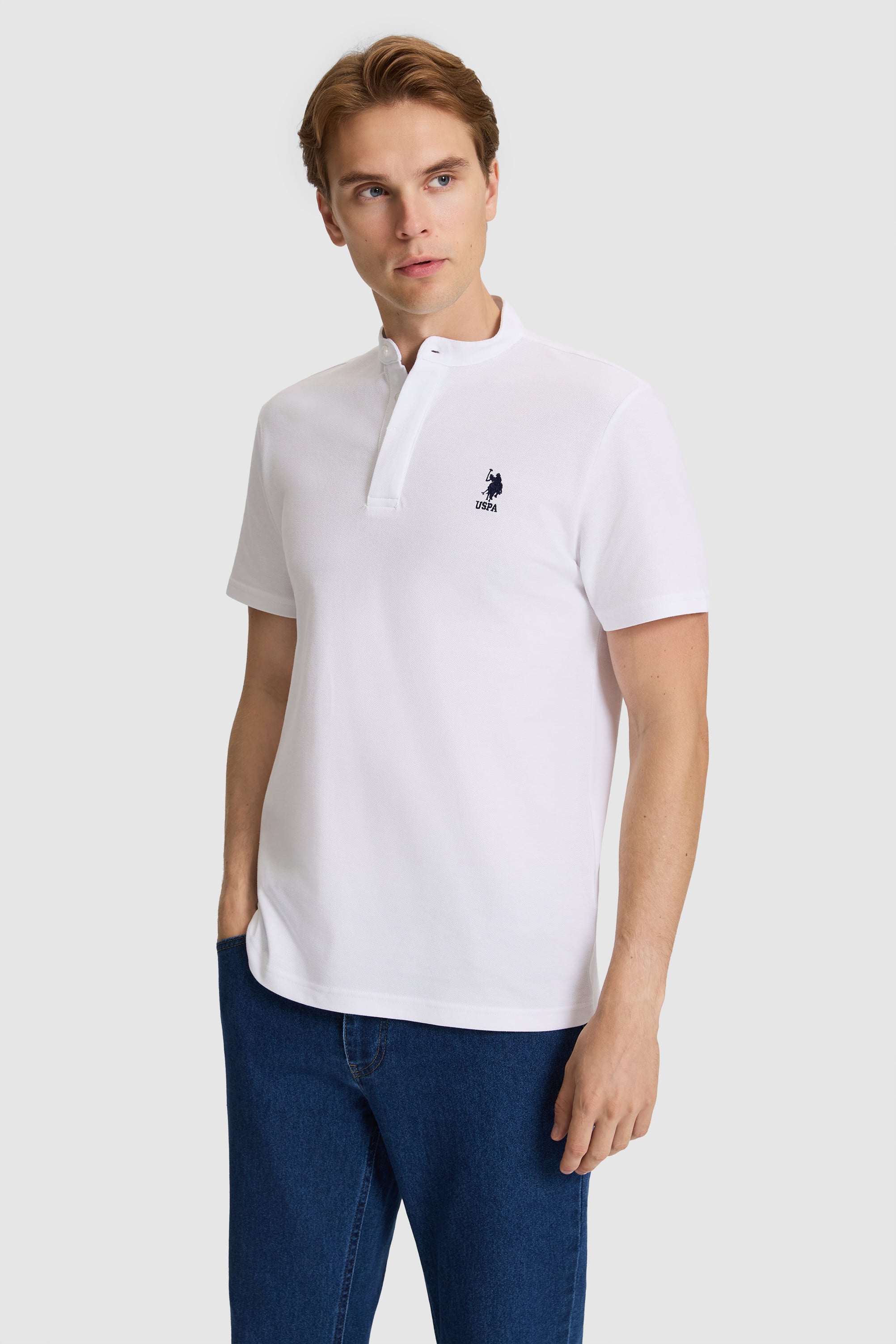 تی شرت یقه دیپلمات سفید رگولار مردانه یو اس پولو | US POLO ASSN